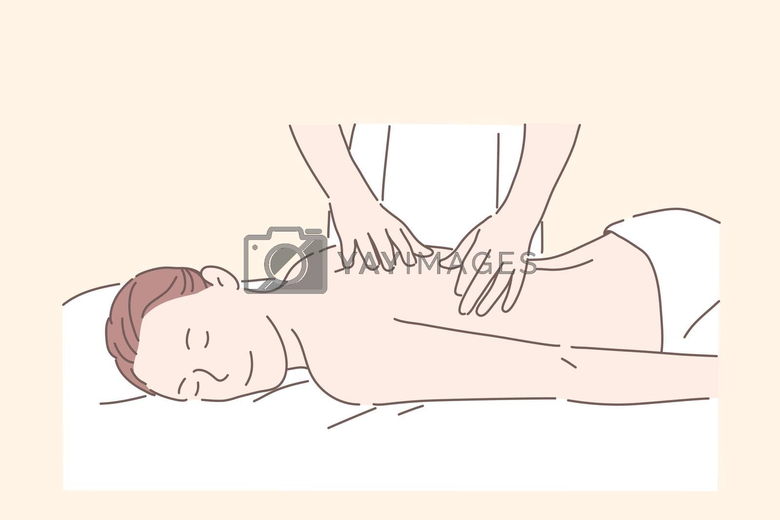 Health, massage, Spa treatment, relax concept. Young man or woman at the masseur, relaxation, rehabilitation. Patient came to therapist for help. Spa facilities. Kneading muscles of back. Flat vector.