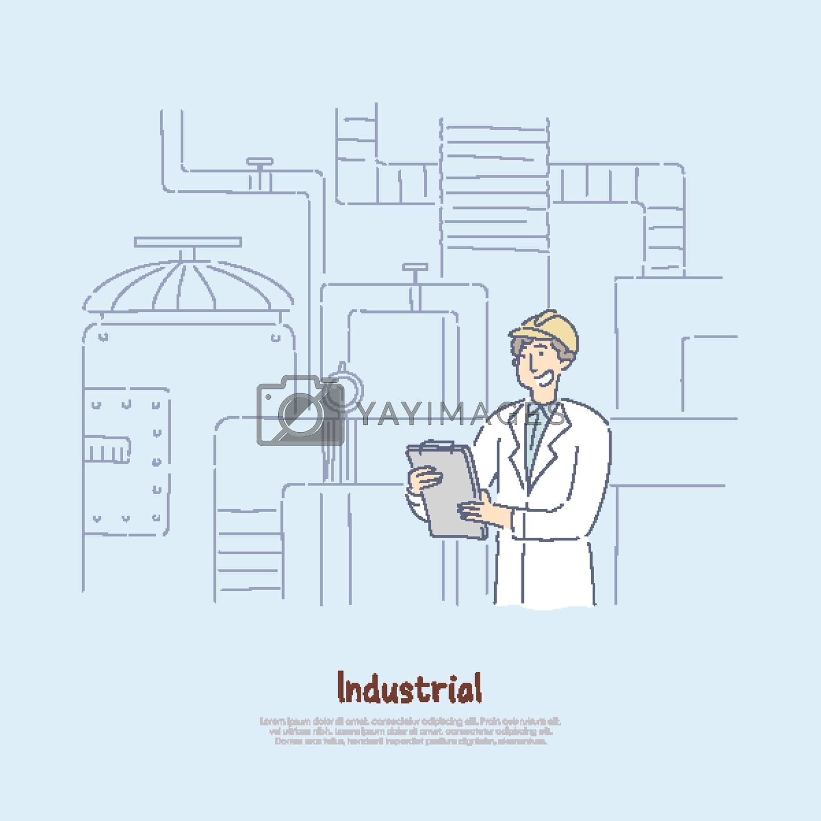 Royalty free image of Factory supervisor in white coat studying report, chief engineer analyzing manufacturing statistics banner by VECTORIUM