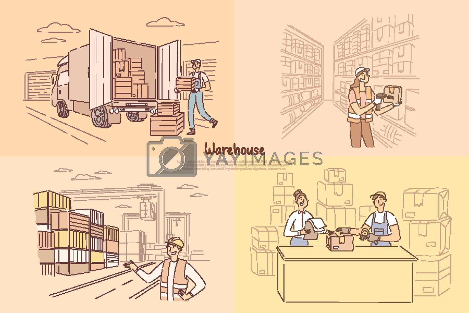 Royalty free image of Worker loading crates into back of truck, woman in uniform scanning barcode on box in storage, shipping profession banner by VECTORIUM