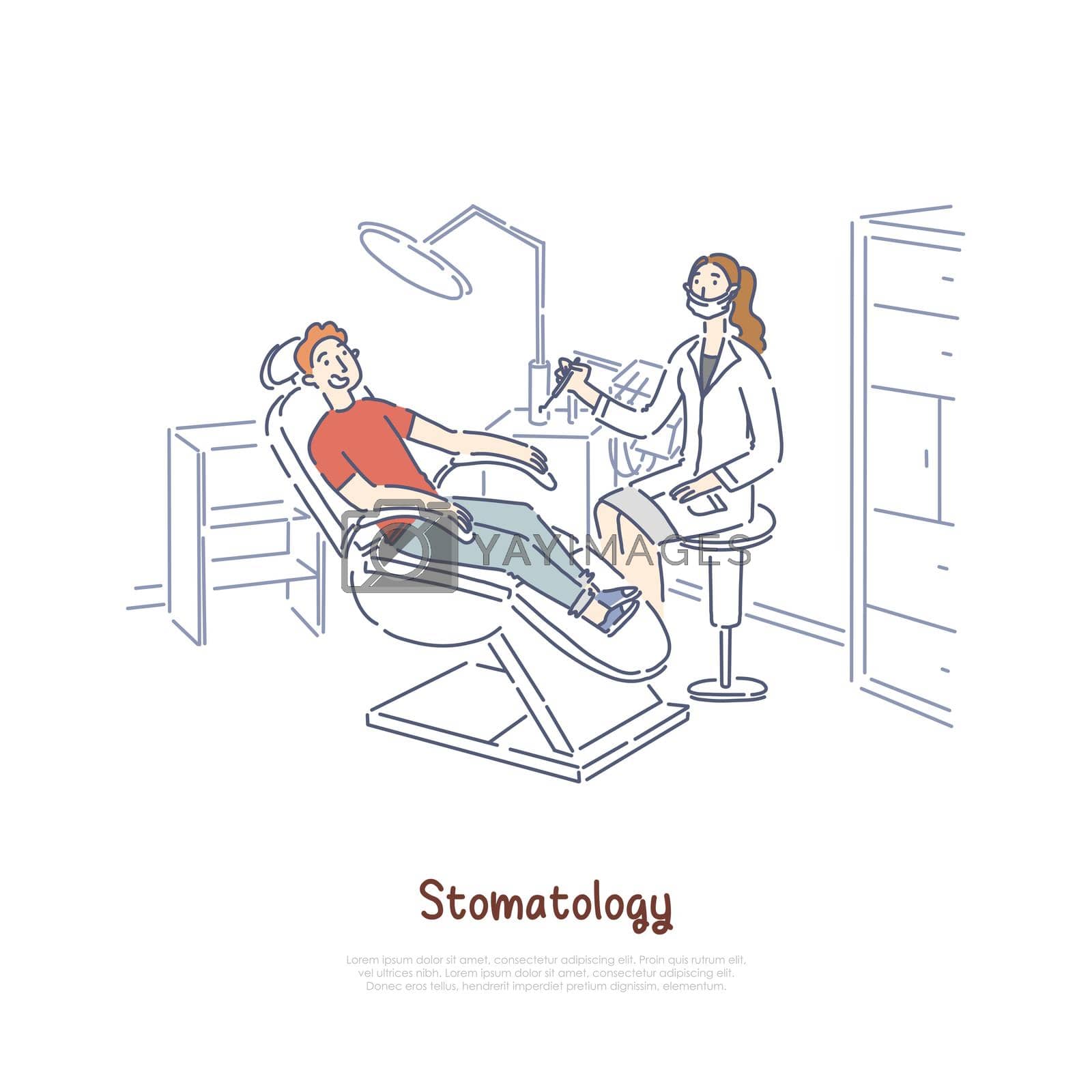 Stomatology clinic, office, patient at dental chair, dentist holding drilling machine, medical equipment banner template. Teeth examining, treatment concept cartoon sketch. Flat vector illustration