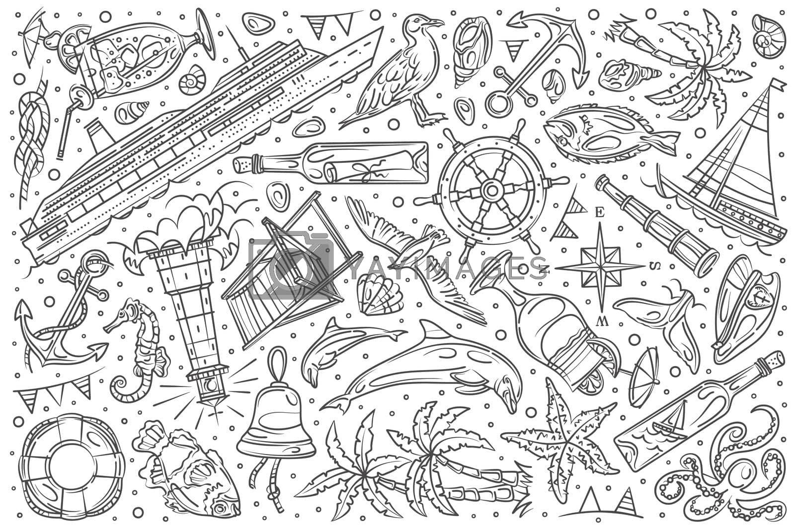 Hand drawn ship cruise set doodle vector illustration background