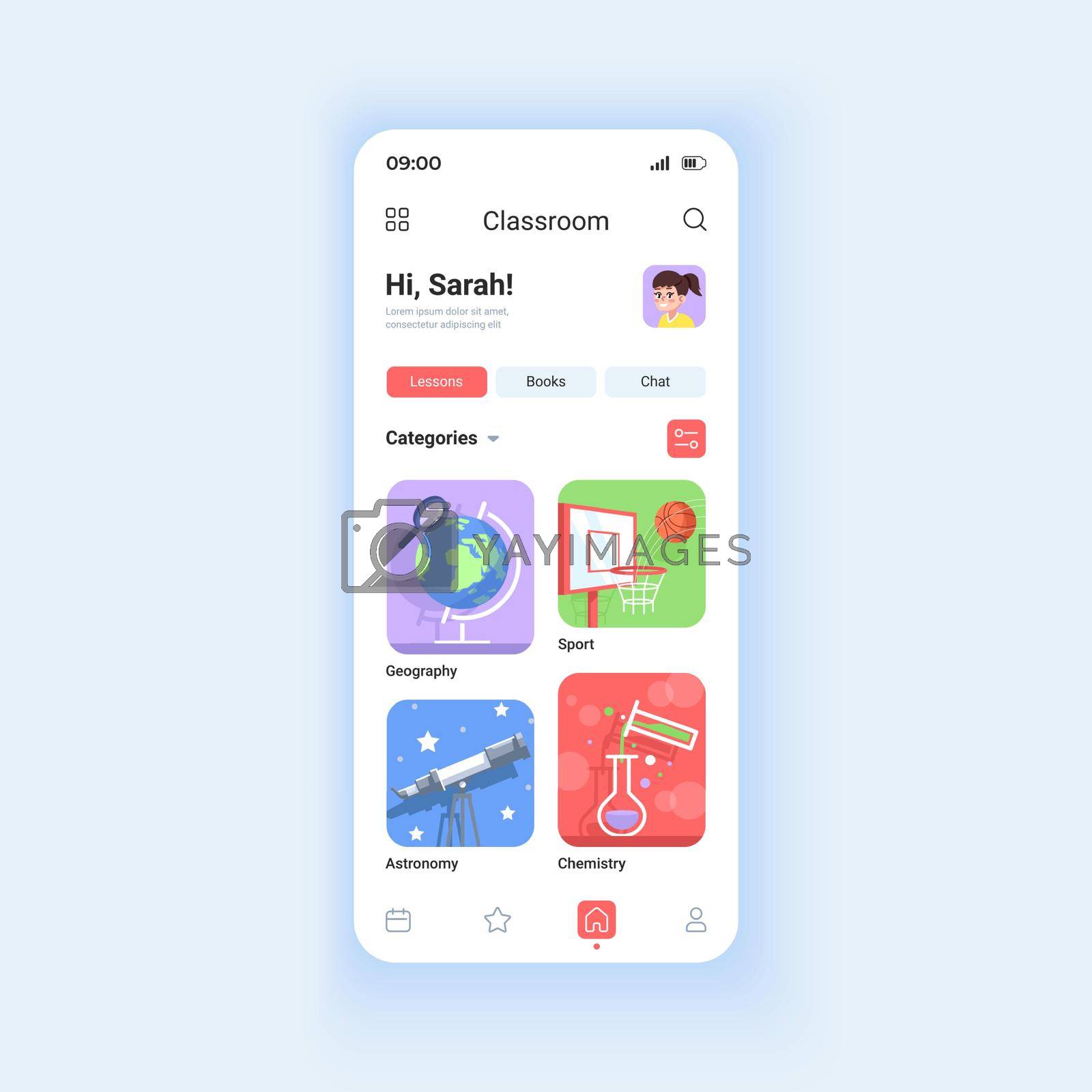Online education daytime mode smartphone interface vector template. School lessons. Mobile app page design layout. Distance learning service screen. Flat UI for application. Phone display