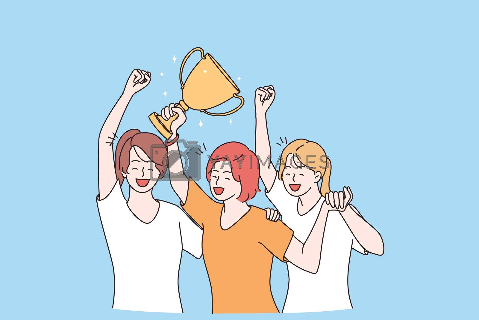 Winning, success, celebration victory concept. Group of smiling happy girls team cartoon characters standing holding golden prize for first place in hands celebrating victory vector illustration