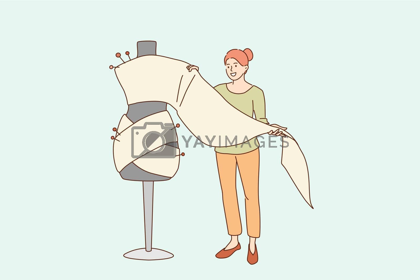 Dressmaking and fashion design concept. Young smiling woman cartoon character standing holding textile for making sewing dress or costume vector illustration