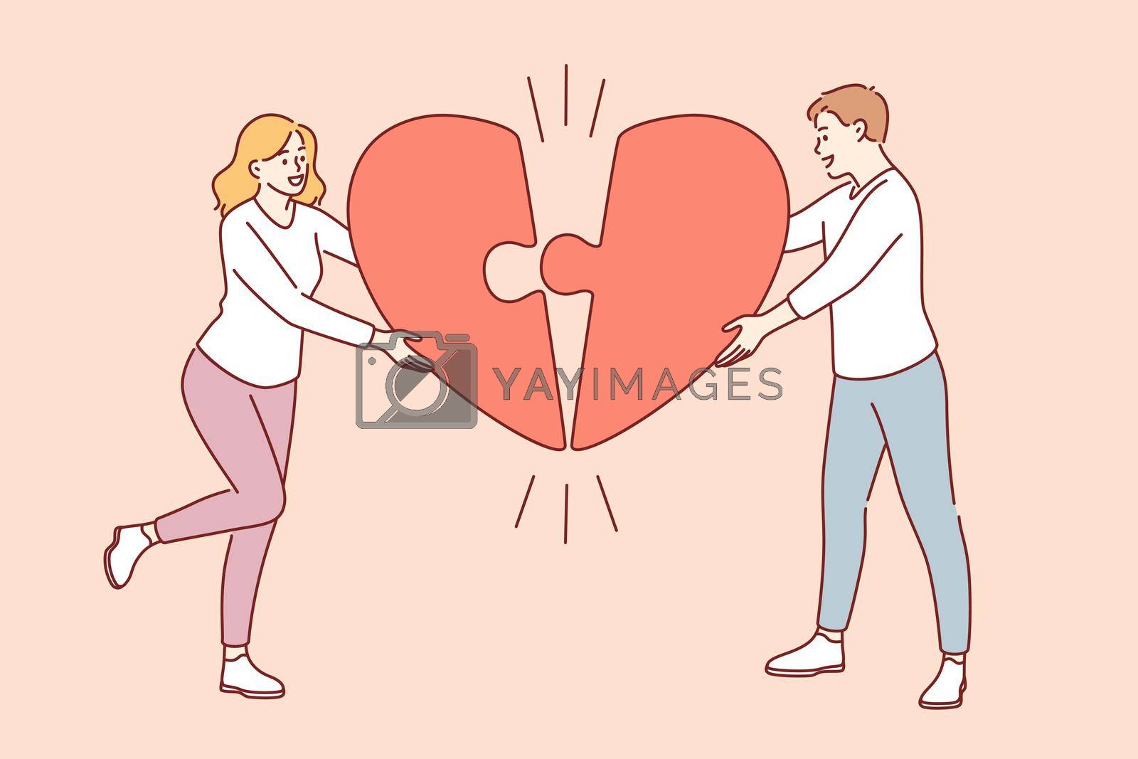 Valentines day, Love, romance concept. Young happy smiling loving Man and woman lovers connecting halves of big red heart feeling in love one family vector illustration