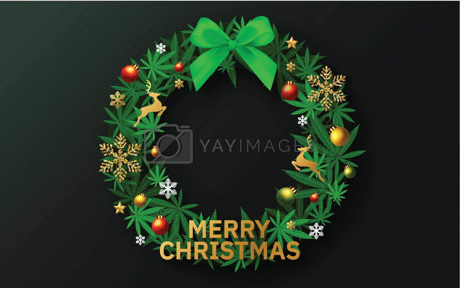 Royalty free image of Merry Christmas  cannabis marijuana plant greeting card elements paper cut with craft style on background. by SiamVector