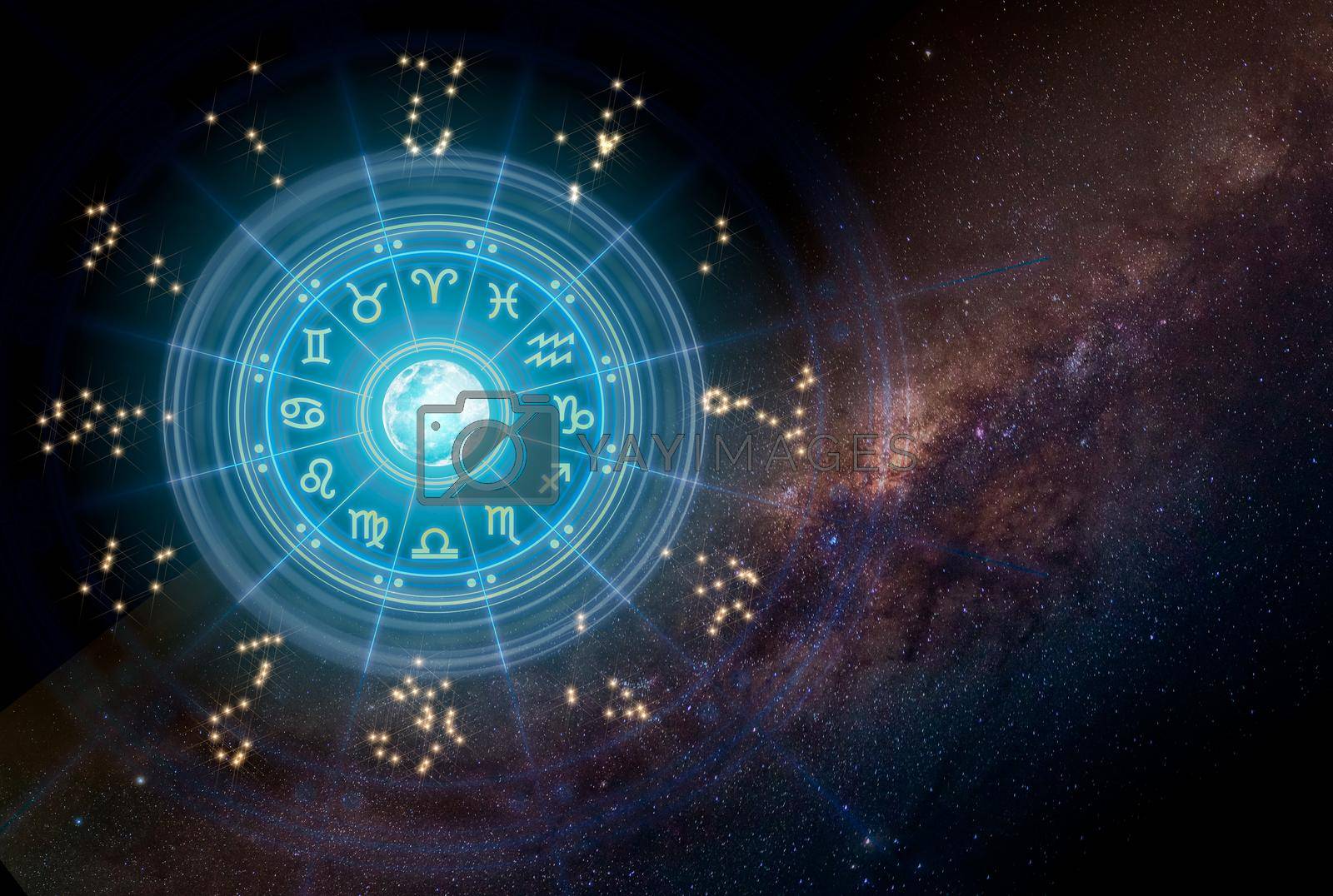 Royalty free image of Zodiac signs inside of horoscope circle. Astrology in the sky with many stars and moons astrology and horoscopes concept. by thanumporn