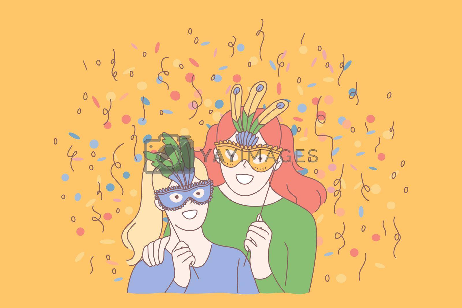 Festive masquerade, creative celebration concept. New Year, Birthday fancy-dress ball, costume party, family entertainment, female adult and child with masks, holiday joyfullness. Simple flat vector