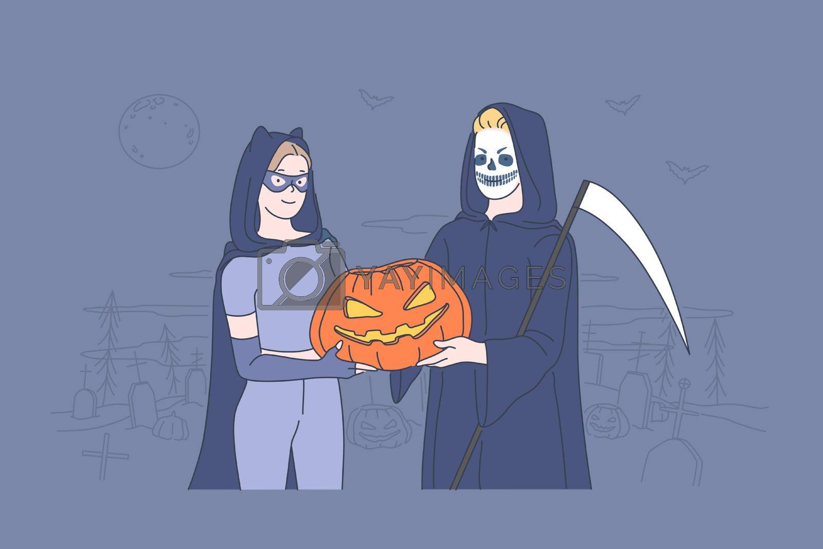 Halloween holiday celebration concept. Wonderful boy and girl in halloween costumes. Young couple in love holds pumpkin in their hands in cemetery. Simple flat vector.