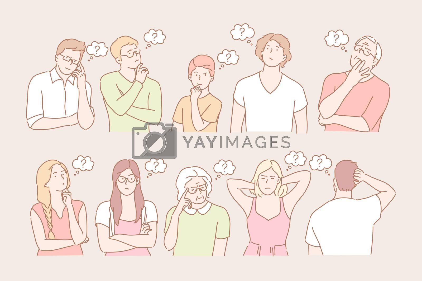 Set of thinking people concept. Illustration of bundle of thoughtful people with question mark. Group of young men and women are thinking and solving problems. Brainstorm process in cartoon style.