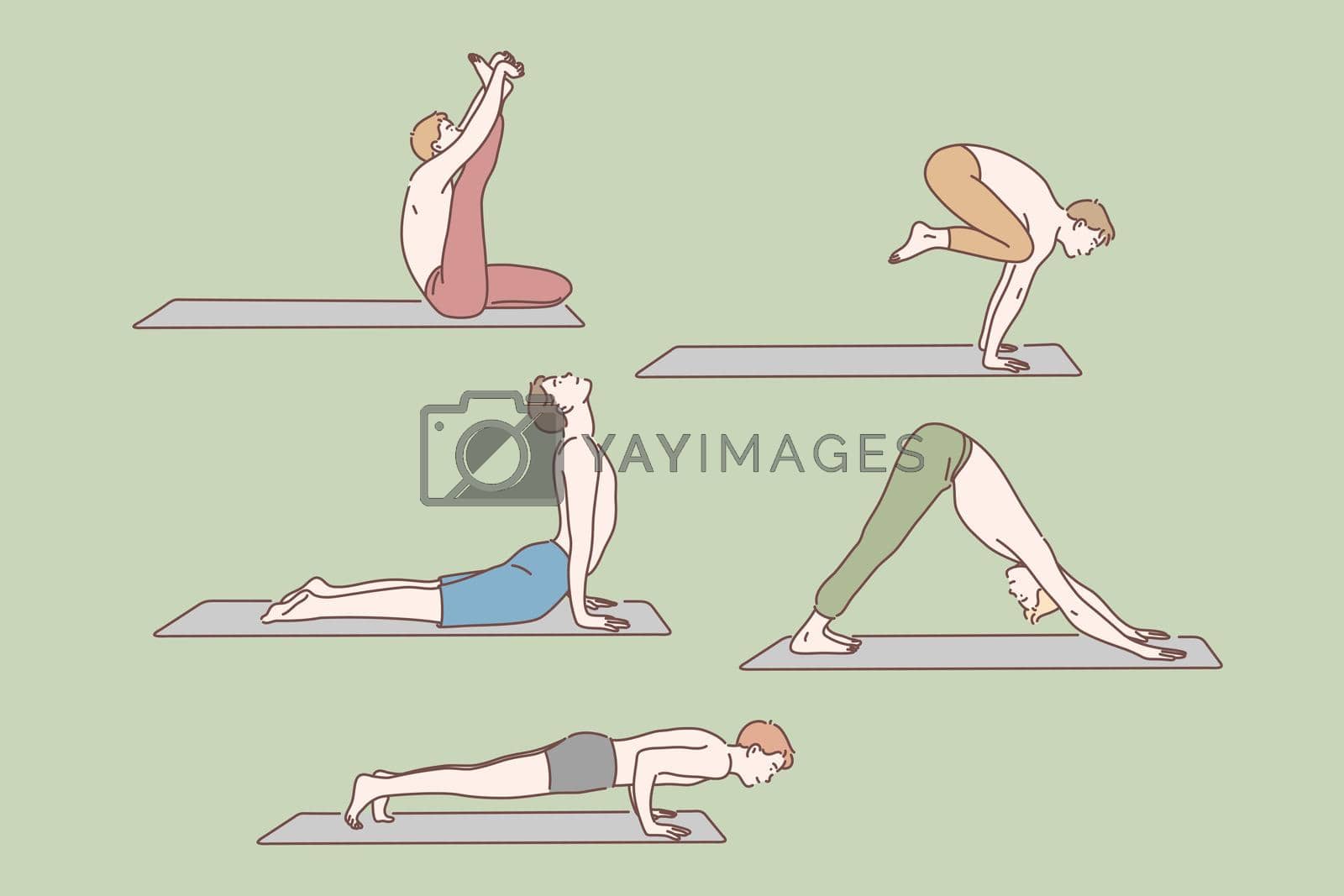Healthcare, yoga exercises set concept. Group of young men do yoga exercises. Flexible boys care about their health, using different postures or asanas to reach harmony. Simple flat vector