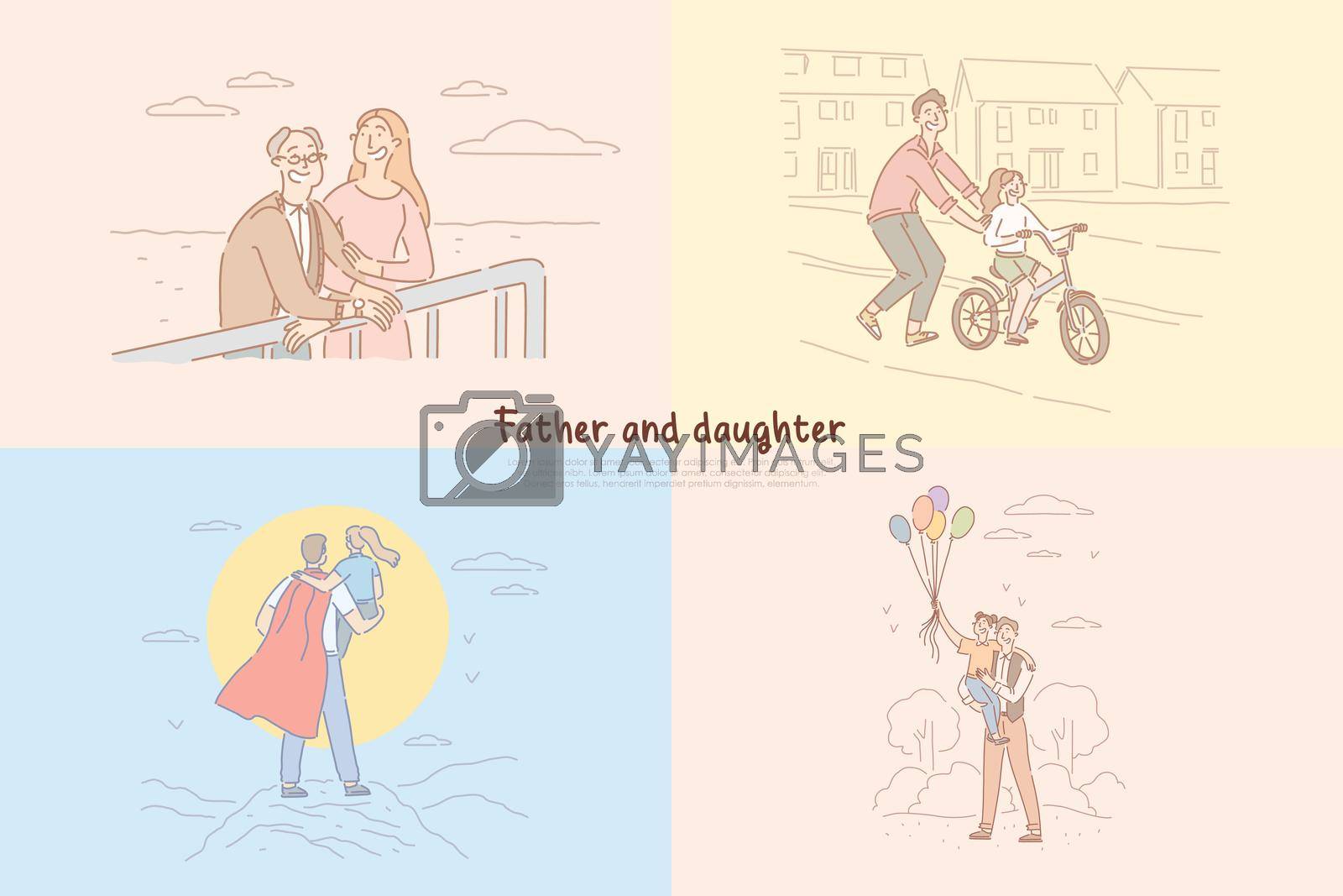 Father and daughter relationship, parent teaching kid riding bicycle, childhood happy moments banner template. Fatherhood, parenthood, family time concept cartoon sketch. Flat vector illustration