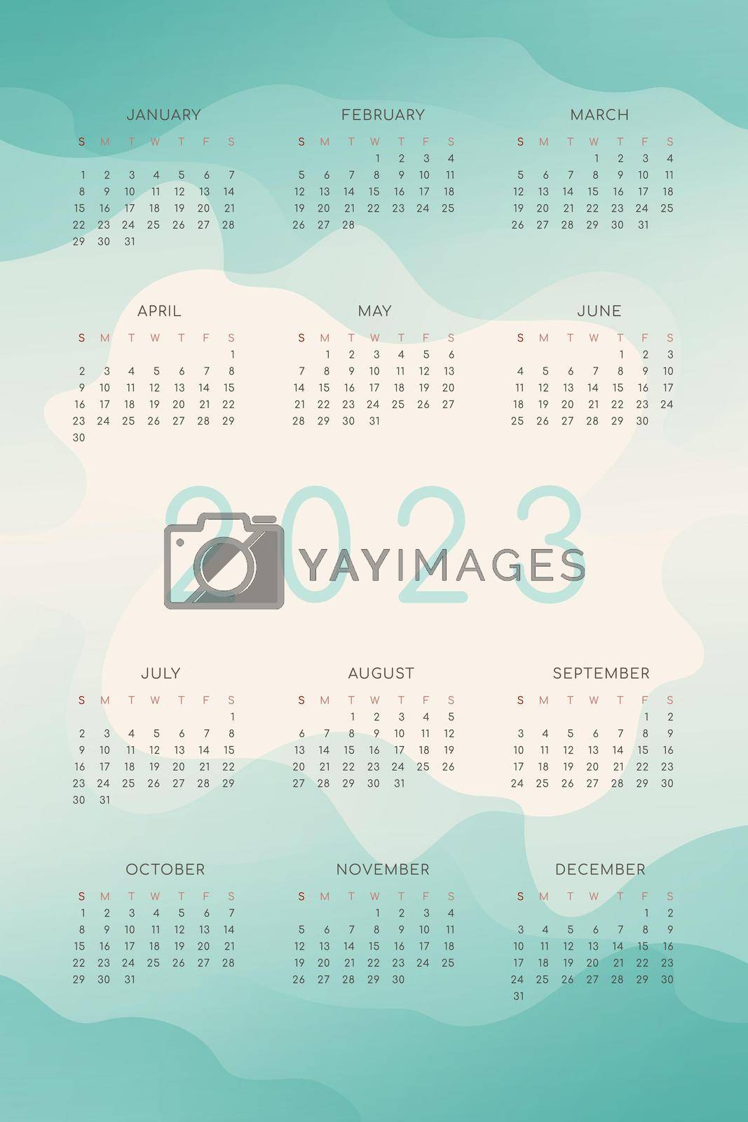 Royalty free image of 2023 calendar with turquoise teal green gradient fluid wave shapes by MariaTem