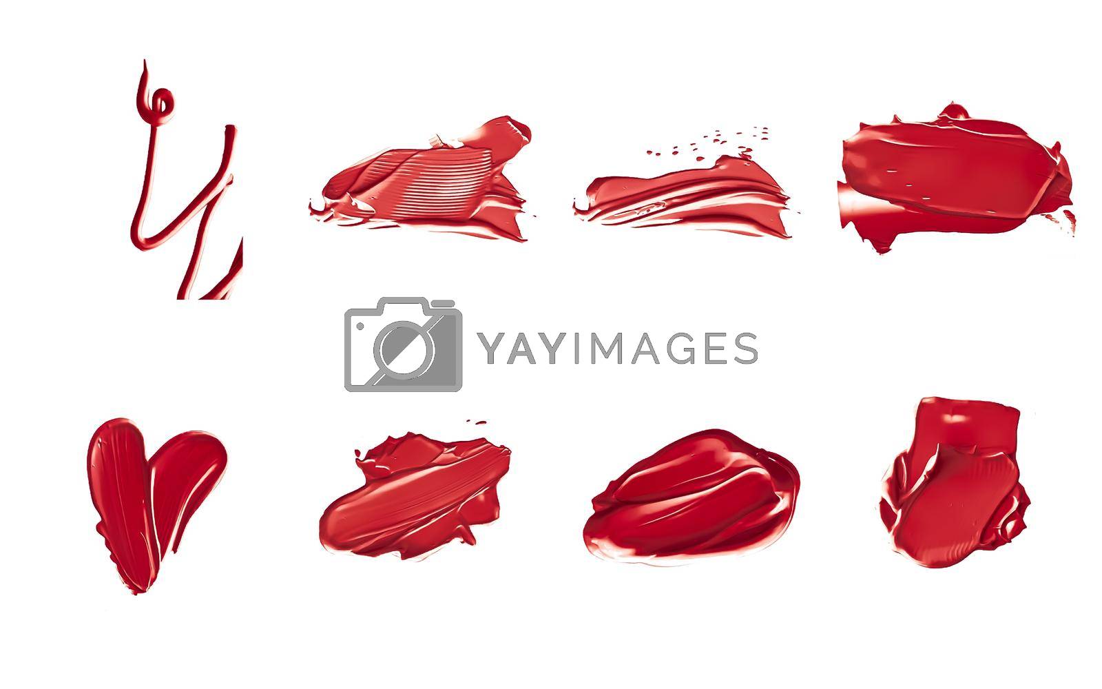 Royalty free image of Red lipstick samples as beauty cosmetic texture isolated on white background, makeup smear or smudge as cosmetics product or paint strokes by Anneleven