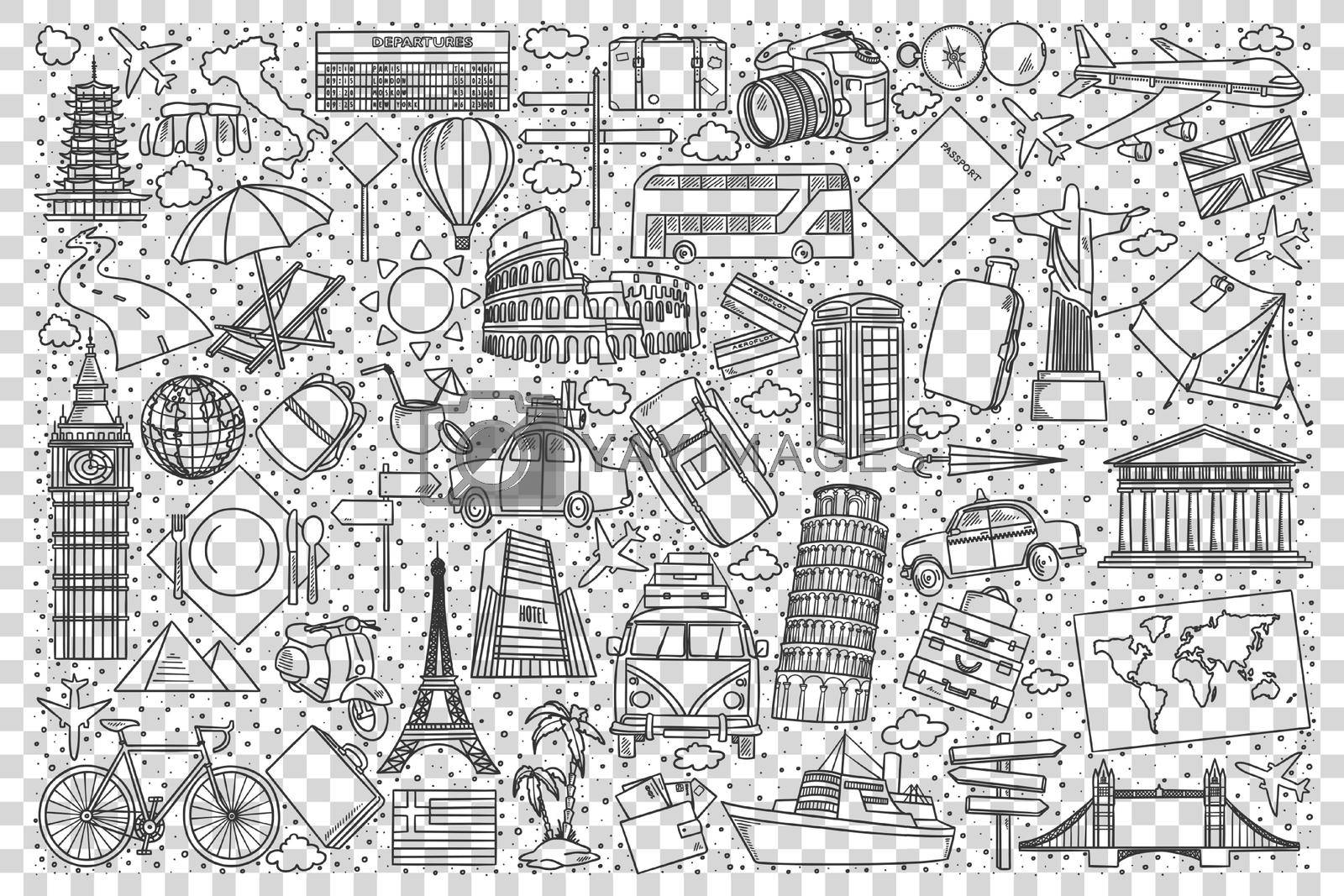 Travel doodle set. Collection of hand drawn sketches templates patterns of tourism travelling around world on holiday or vacation and countries landmarks. Active lifestyle recreation illustration.