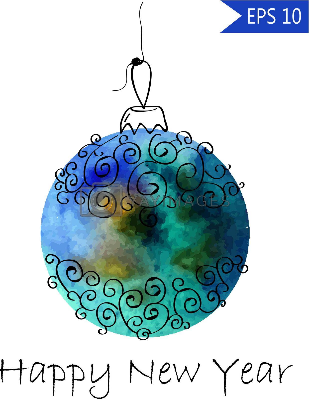 Royalty free image of Watercolor christmas bauble with hand-drawn elements Colorful on white background in vector New Year ball by DesignAB