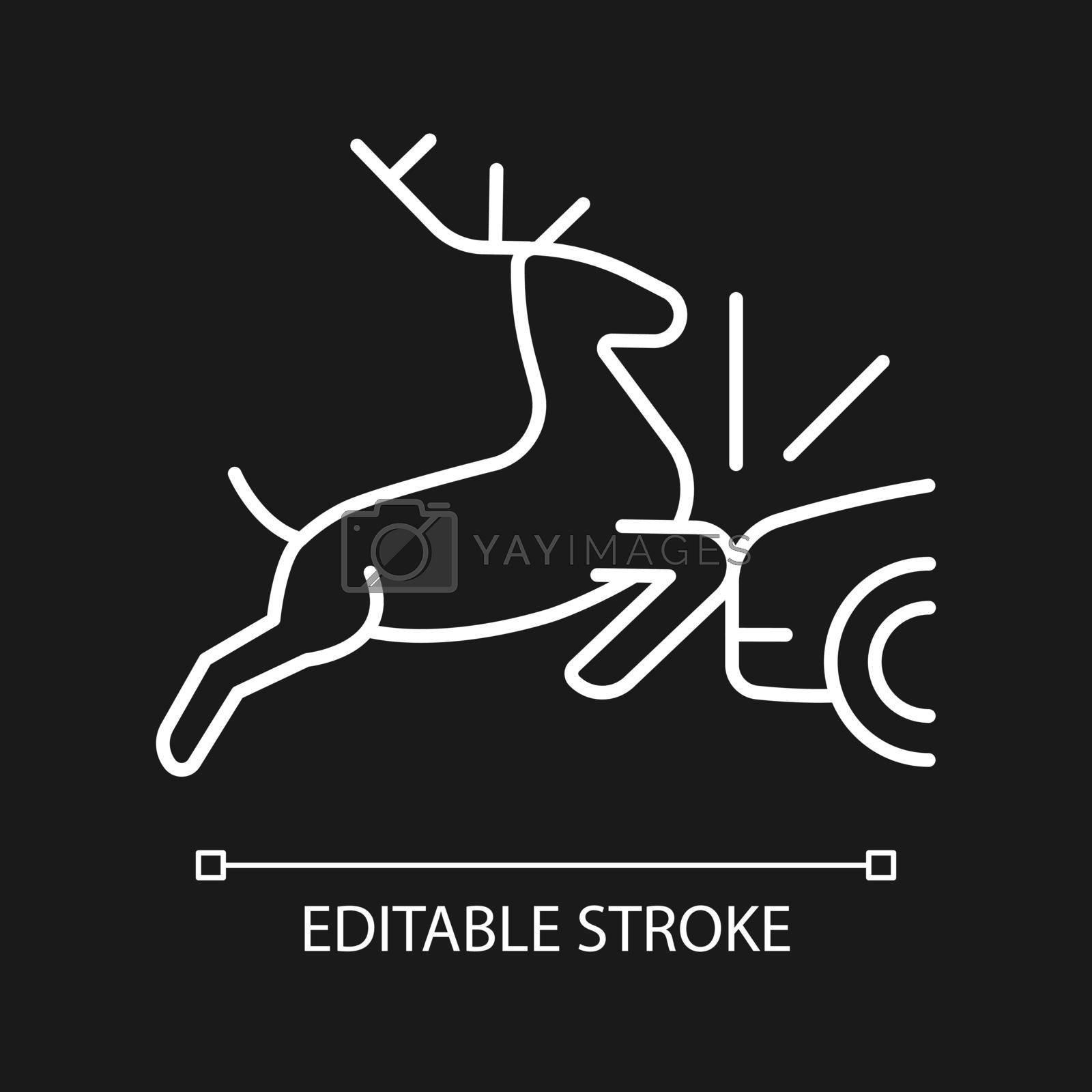 Collision with animals white linear icon for dark theme. Colliding with wildlife in roadway. Thin line customizable illustration. Isolated vector contour symbol for night mode. Editable stroke