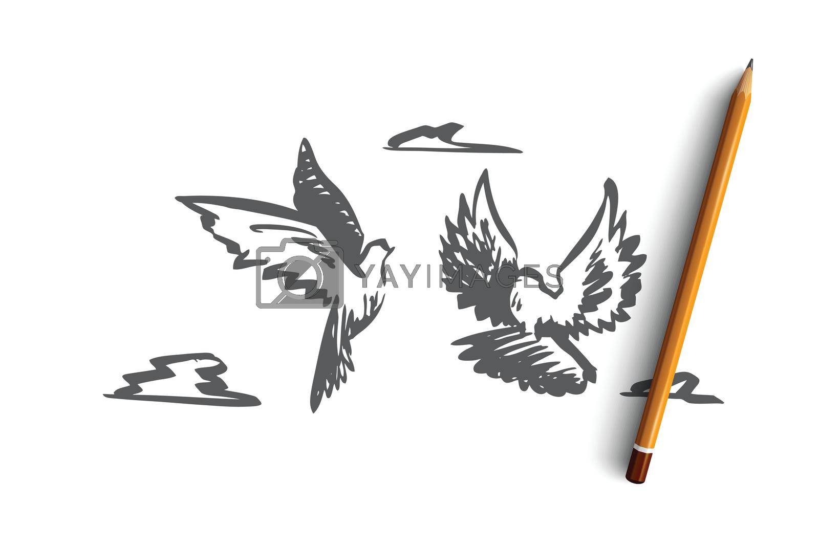 Royalty free image of Freedom, peace, couple, flight, birds concept. Hand drawn isolated vector. by Vasilyeva