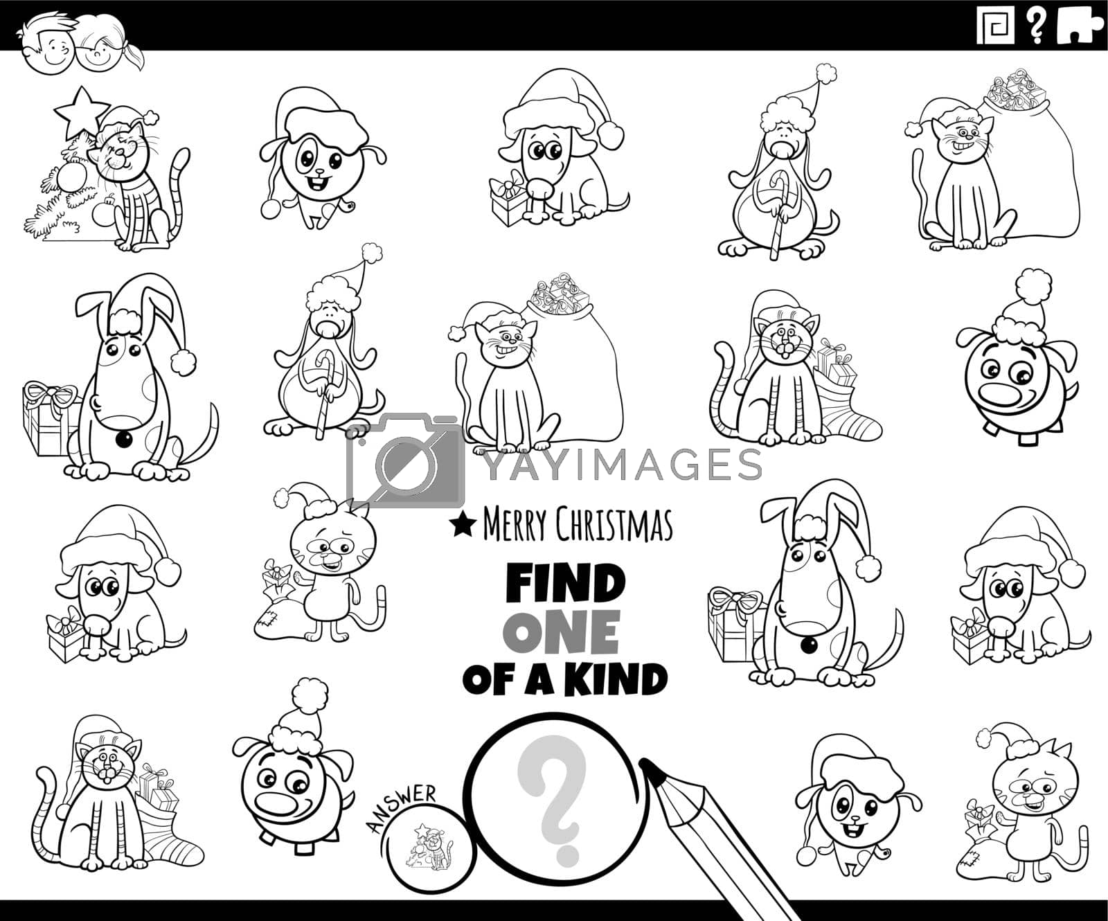 Black and white cartoon illustration of find one of a kind picture educational game with pets characters on Christmas time coloring book page