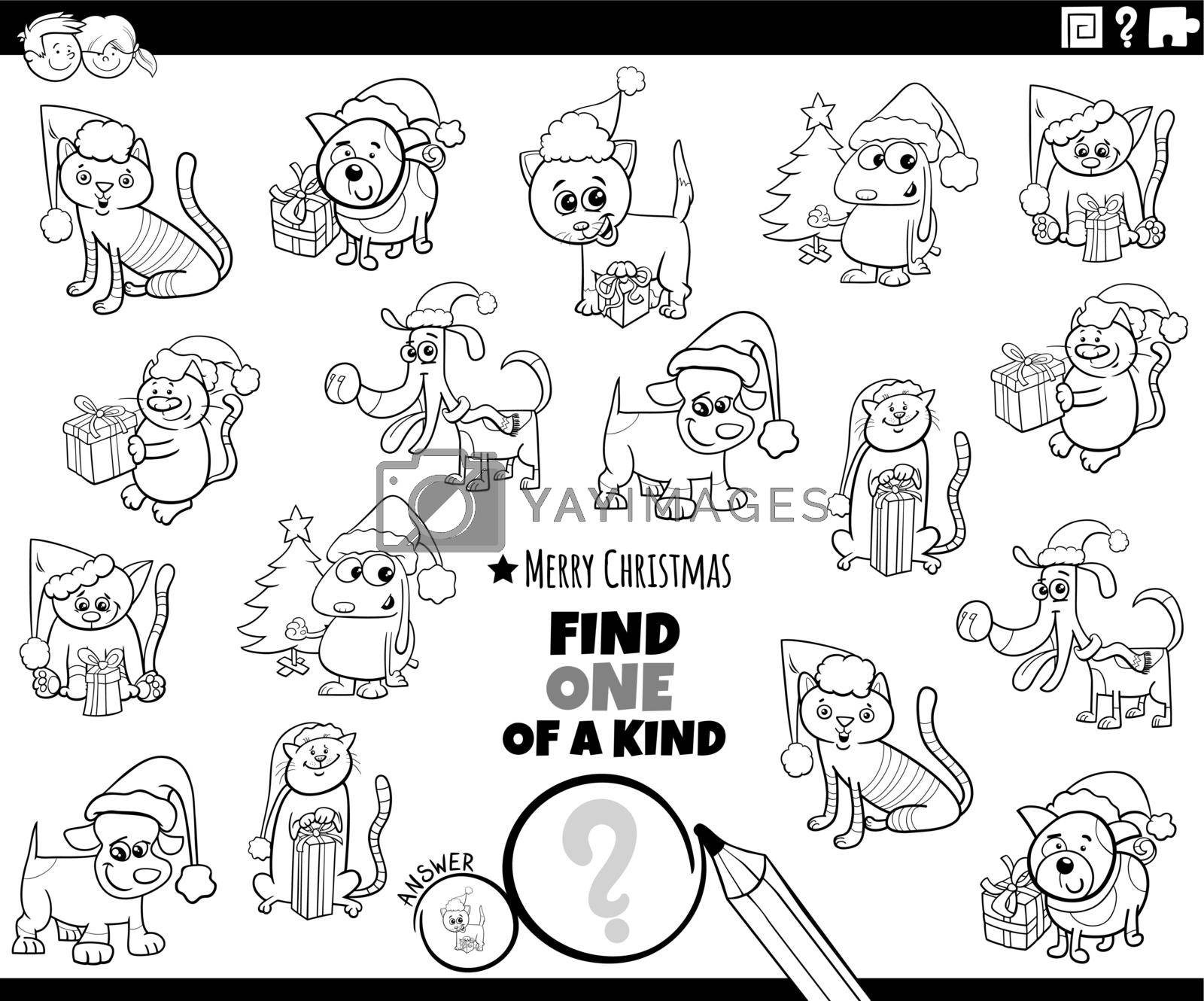 Black and white cartoon illustration of find one of a kind picture educational task with pets characters on Christmas time coloring book page