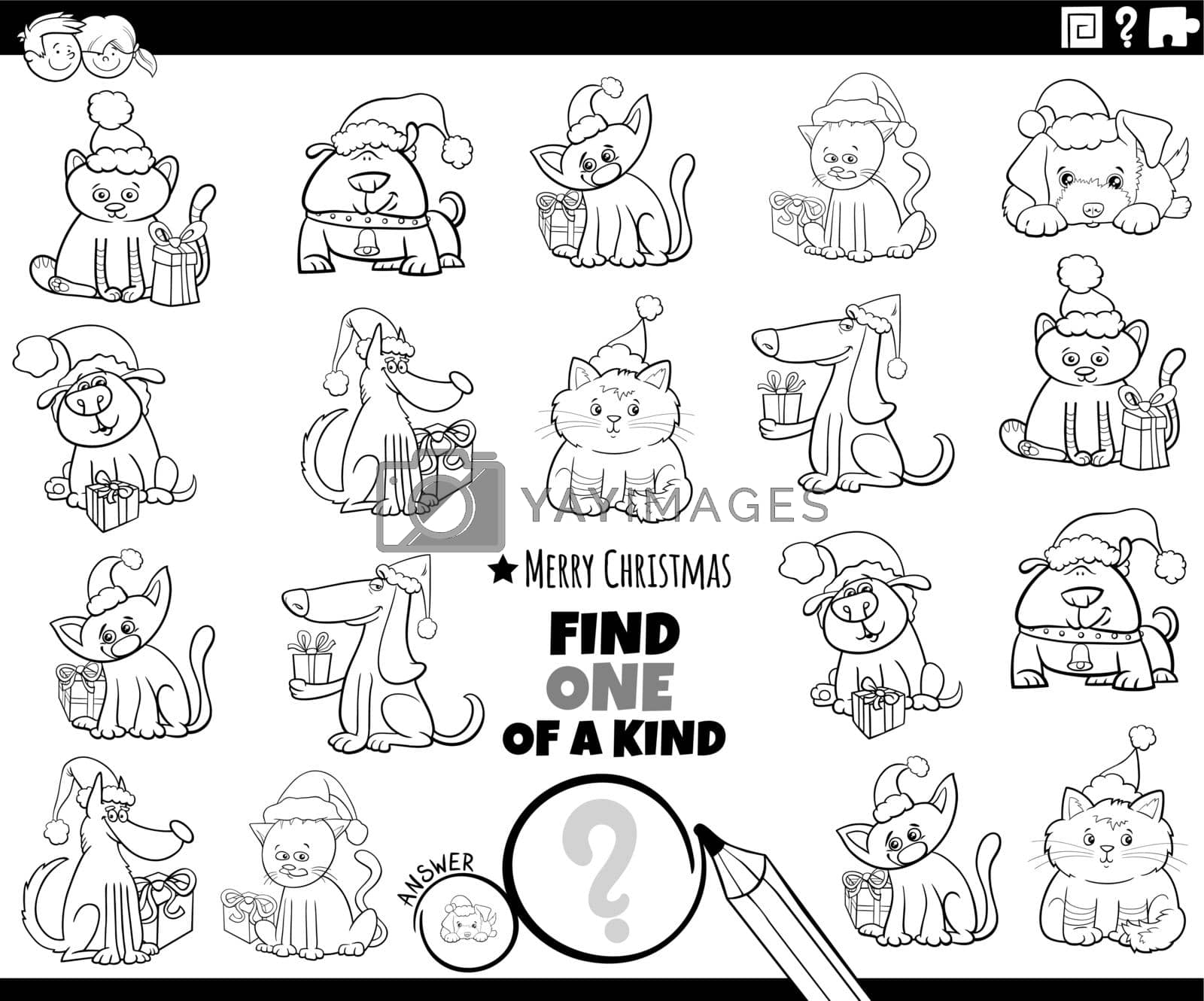 Black and white cartoon illustration of find one of a kind picture educational activity with pets characters on Christmas time coloring book page