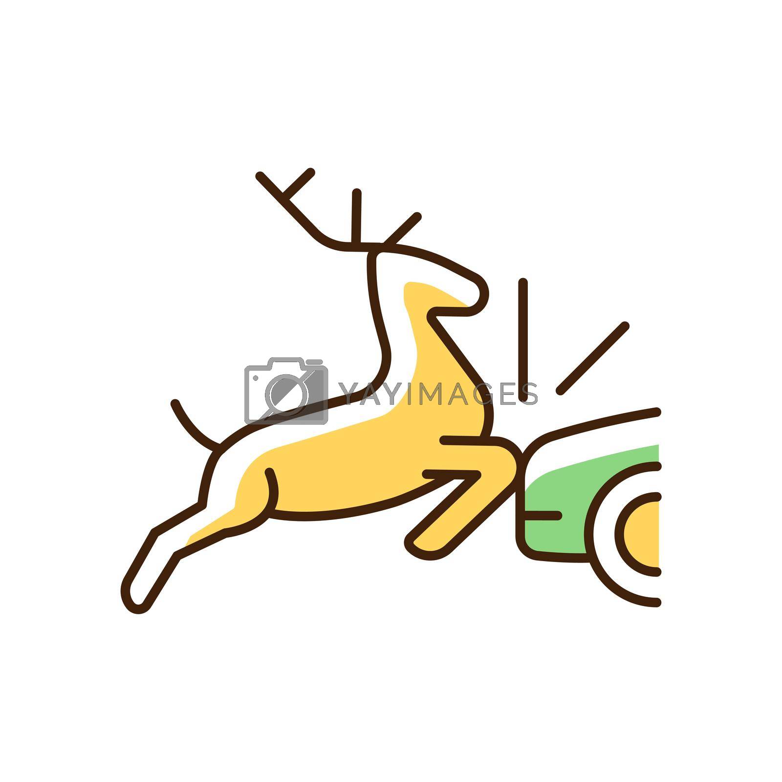 Collision with animals RGB color icon. Colliding with wildlife and livestock in roadway. Dangerous situation with animals near highways. Isolated vector illustration. Simple filled line drawing