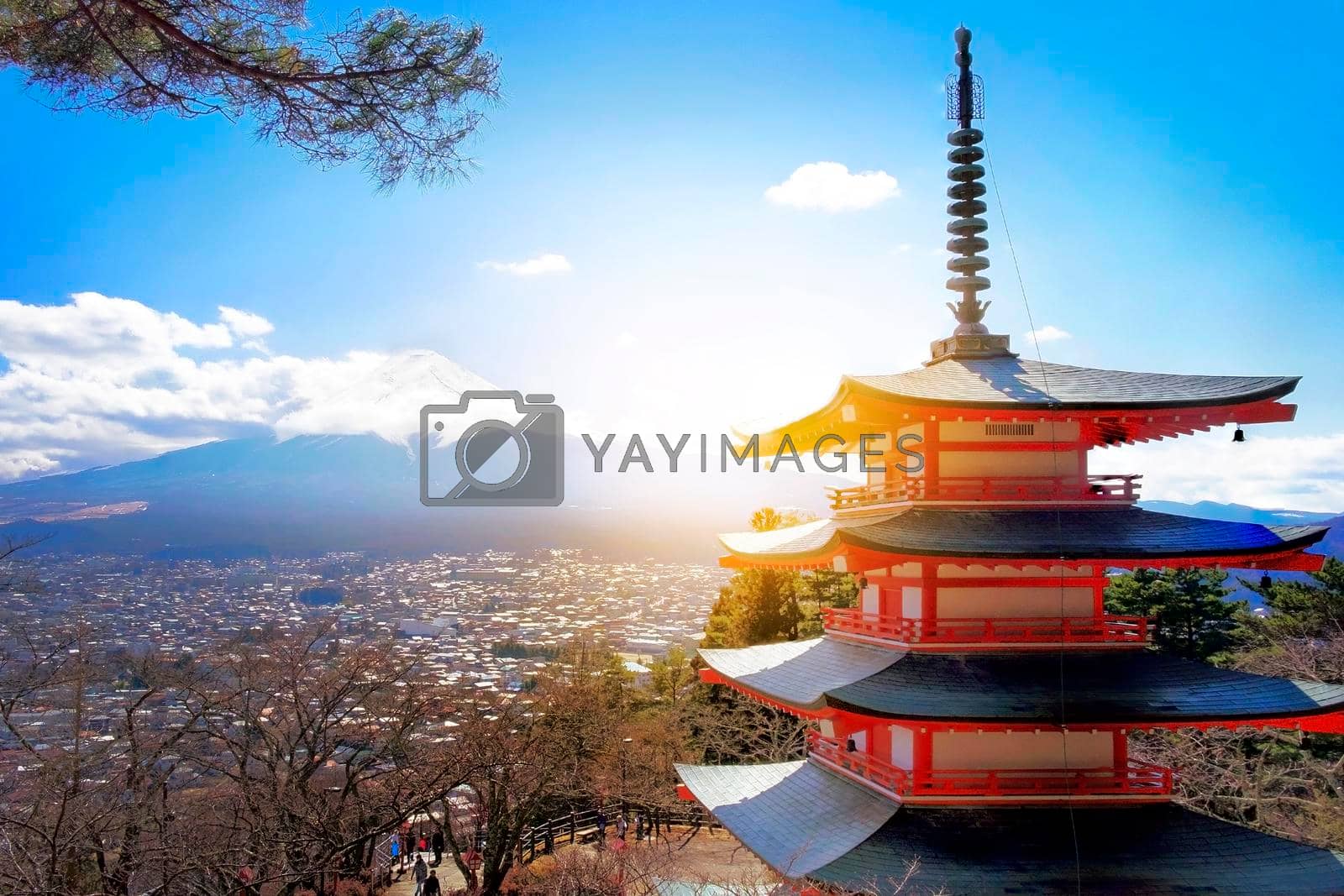 Royalty free image of Mt. Fuji with red pagoda in winter, Fujiyoshida, Japan by Benzoix