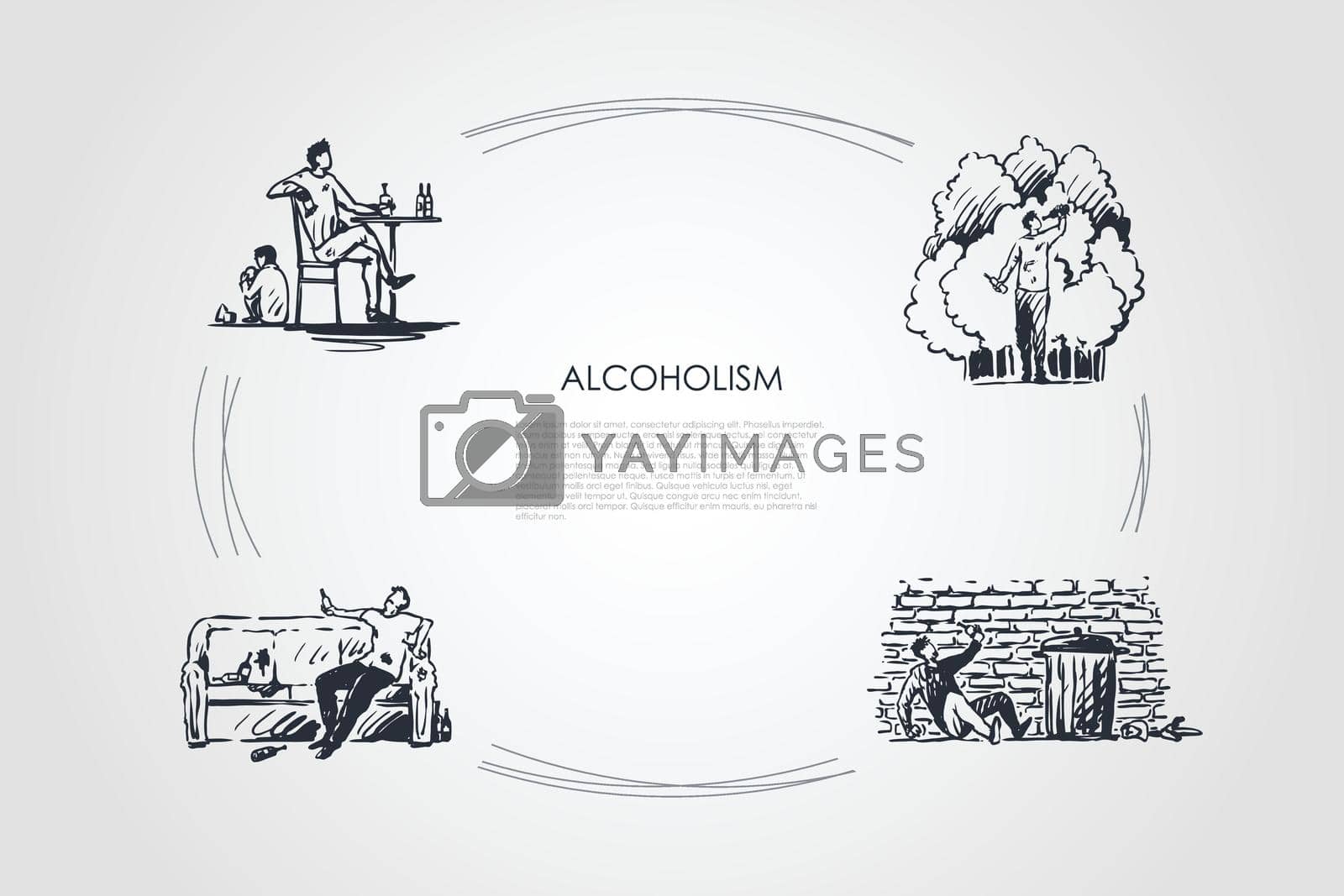 Royalty free image of Alcoholism - men drinking alcohol at home and on street outdoors vector concept set by Vasilyeva
