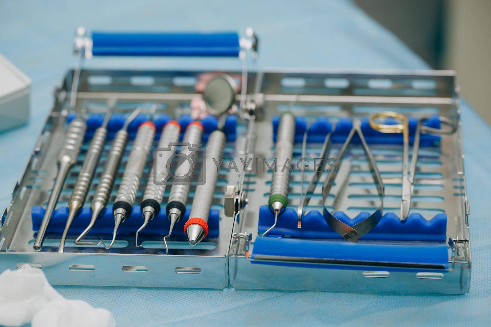 Dental implantation surgical set. Surgical kit of instruments used in dental implantology. Dentist orthopedist tools.