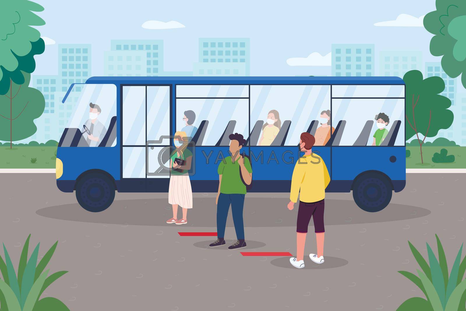 Social distancing for public transport flat color vector illustration. Covid pandemic. Virus spread prevention. Bus passengers in medical masks 2D cartoon characters with outdoor scene on background
