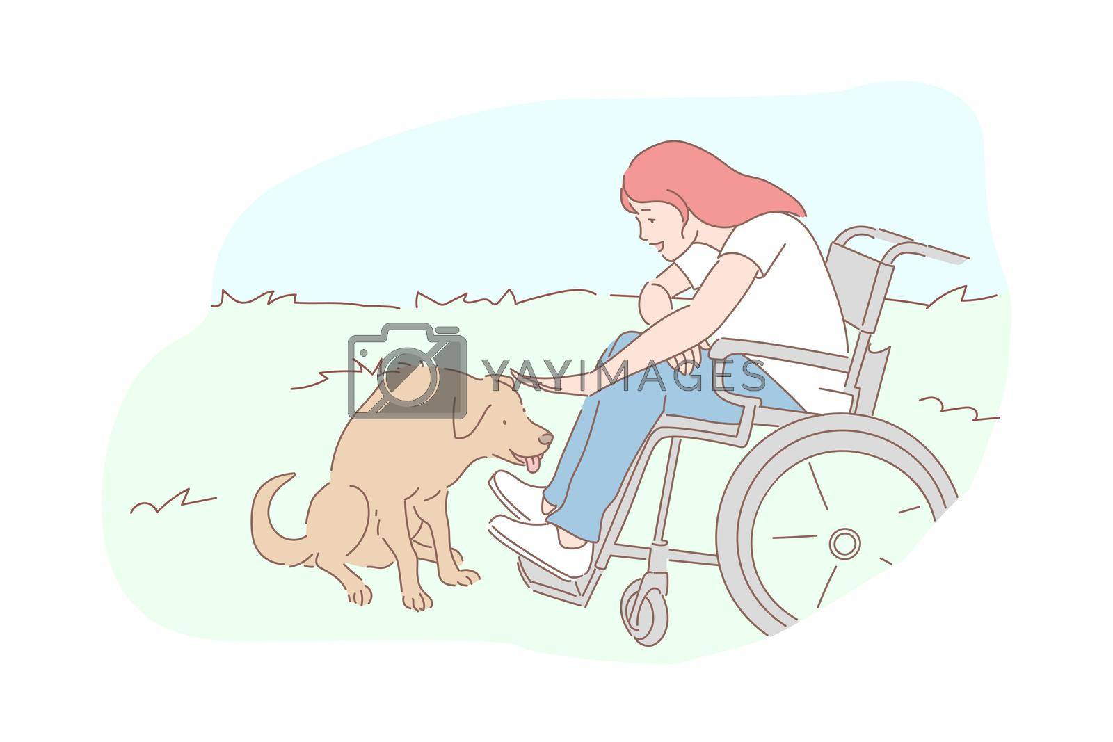 Kindness, homeless animals care, sympathy concept. Compassion and tenderness, pariah-dog affection, disabled young woman petting street dog, wheelchair girl and pooch. Simple flat vector