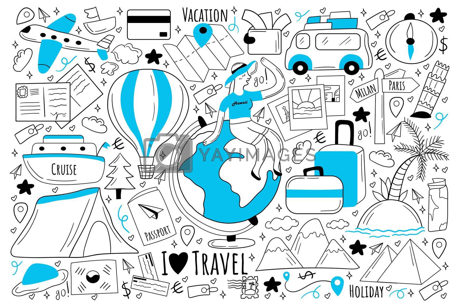 Travel doodle set. Collection of hand drawn sketches templates of people tourists travelling around world on holiday or vacation at cruise or plane. Active lifestyle tourism recreation illustration.