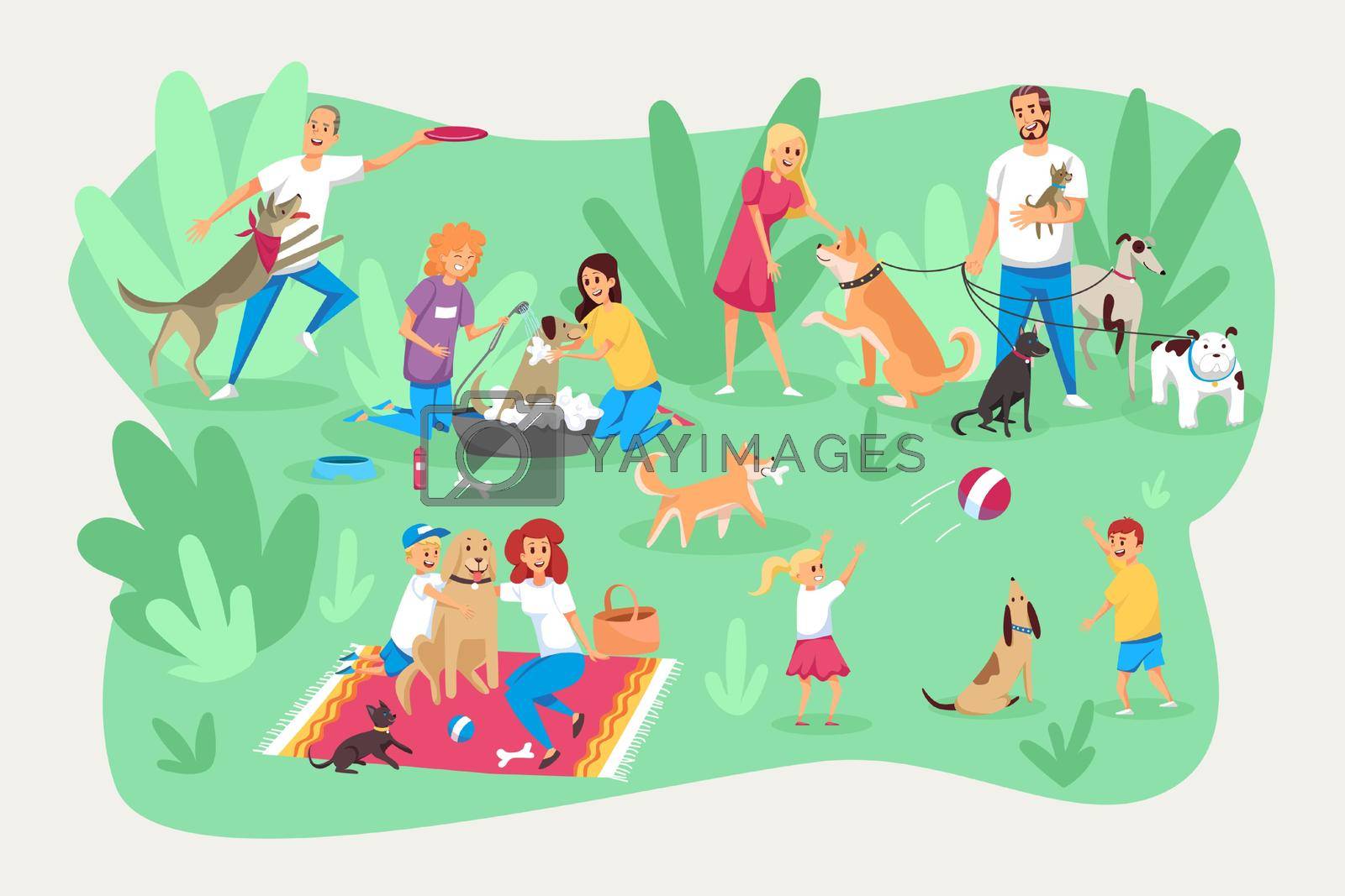 Pets and owners, care, responsibility, family set. Young happy people boys, girls, men and women have fun with their dogs together. Children and parents love and train Pets. Simple flat vector