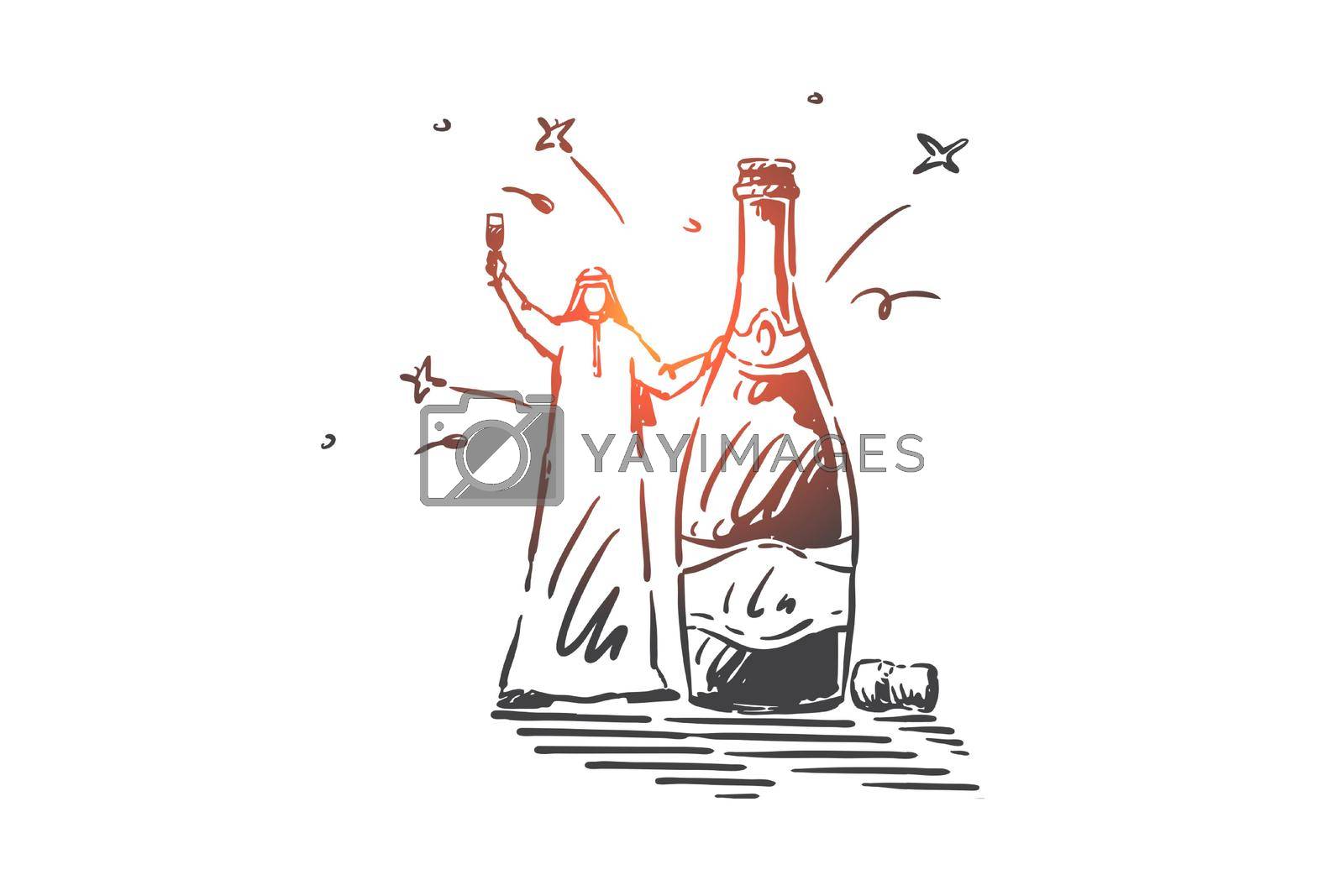 Holiday celebration concept sketch. Arab man holding glass with alcohol beverage, Muslim businessman celebrating project finish, male character with champagne bottle. Hand drawn isolated vector