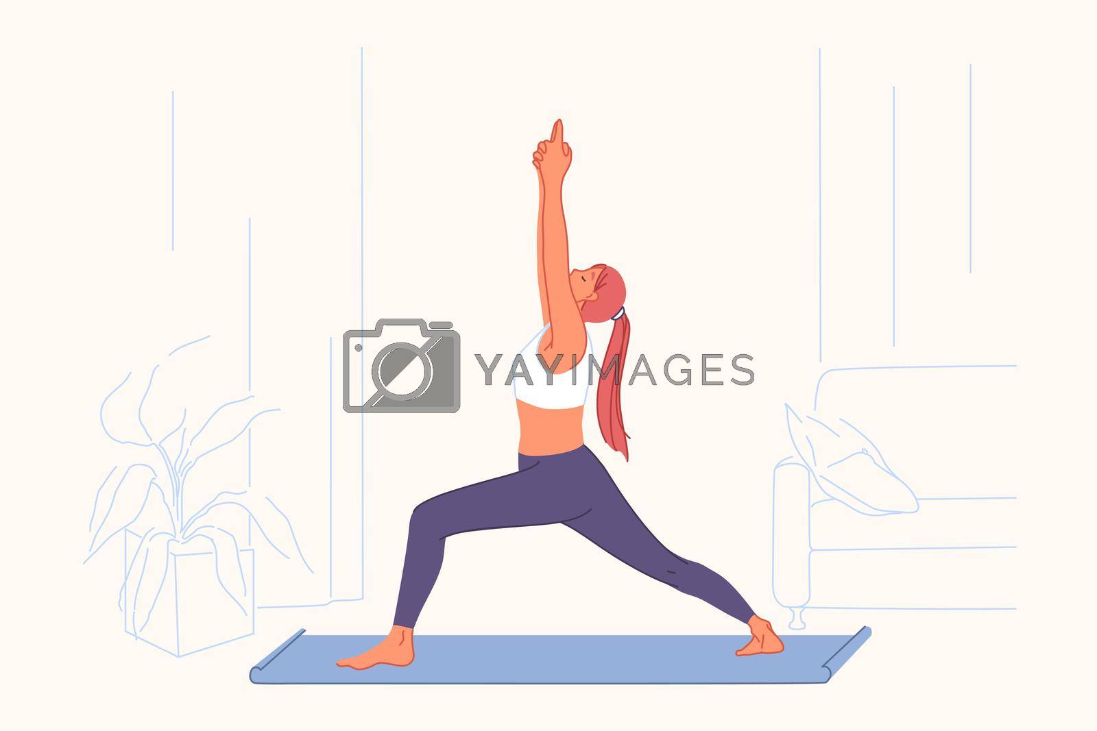 Sport exercises, yoga practice, active lifestyle concept. Young woman doing gymnastics on mat, athletic training, fitness, gym workout, good stretch and health signs. Simple flat vector