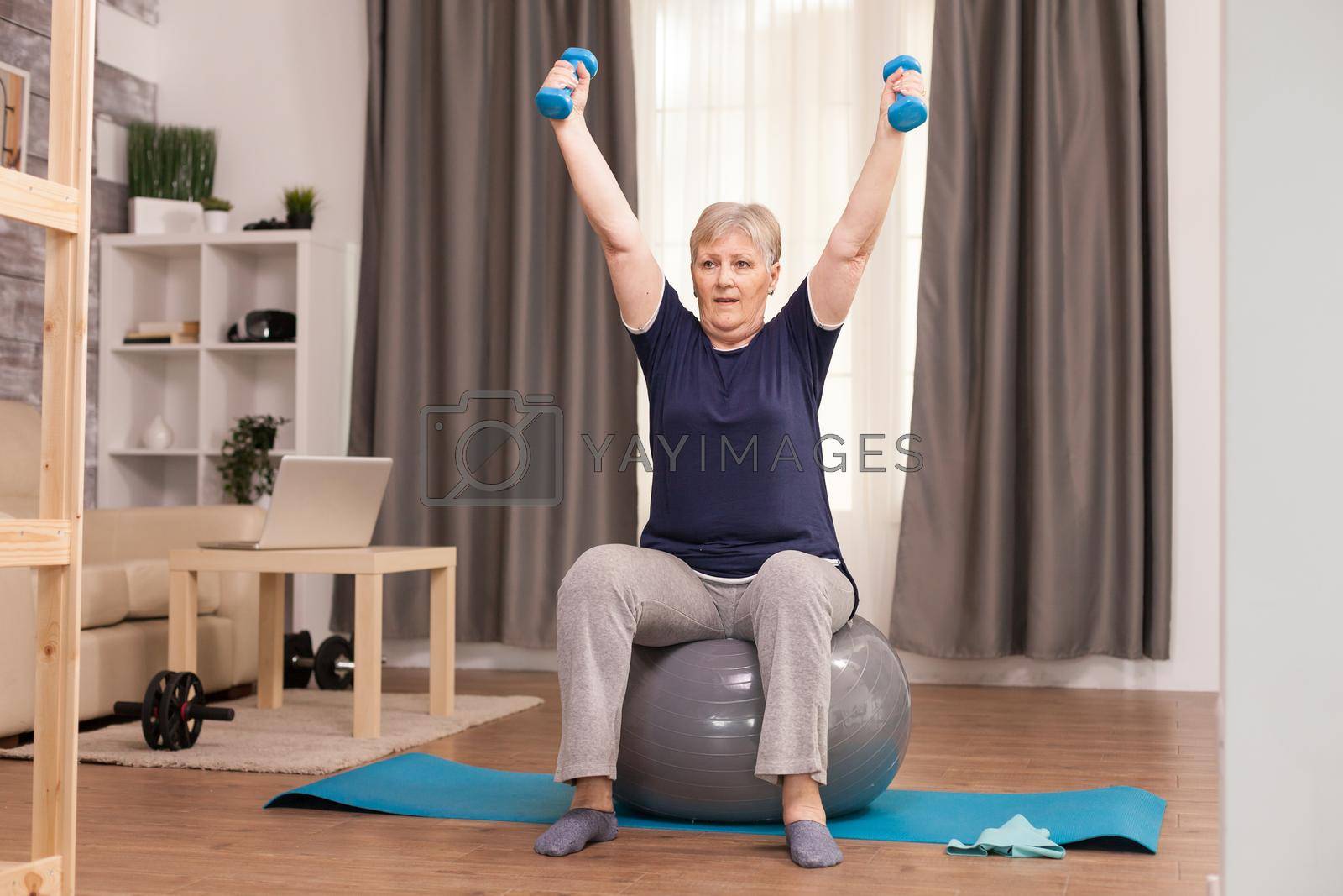 Grandmother with healthy lifestyle practicing fitness at home. Old person pensioner online internet exercise training at home sport activity with dumbbell, resistance band, swiss ball at elderly retirement age