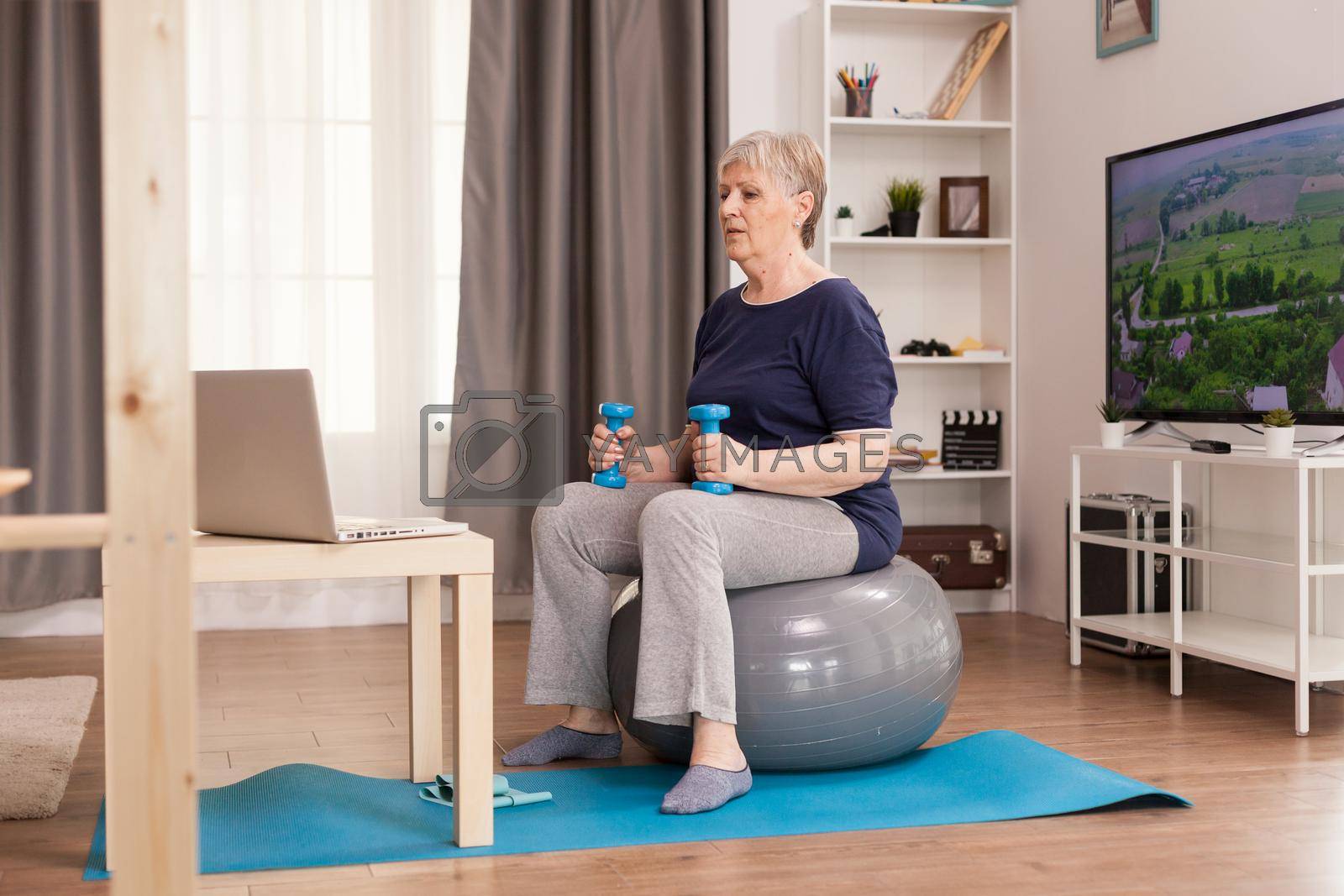 Old housewife watching online fitness lesson at home. Old person pensioner online internet exercise training at home sport activity with dumbbell, resistance band, swiss ball at elderly retirement age