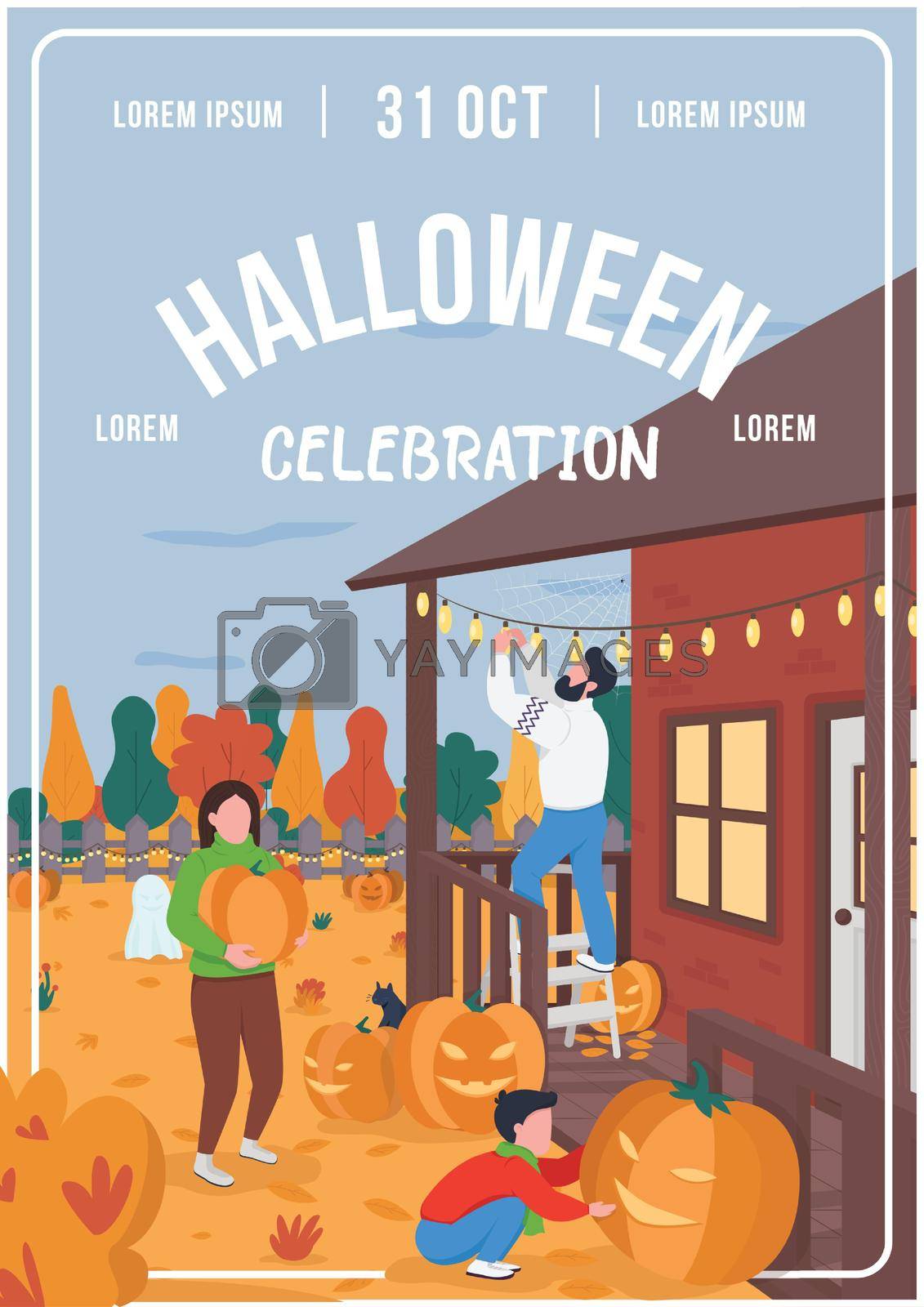 Halloween celebration poster flat vector template. Mother, father and son decorate house. Brochure, booklet one page concept design with cartoon characters. Autumn activity flyer, leaflet