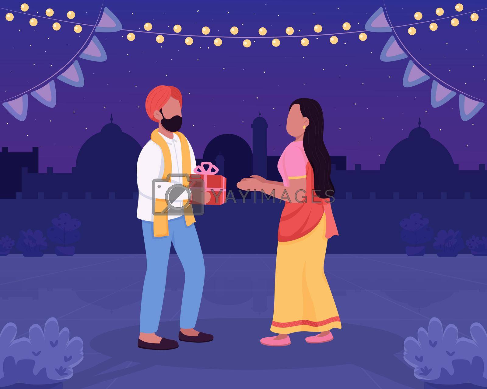 Diwali celebration flat color vector illustration. Deepavali Traditional indian holiday. Festival at night. Couple exchanging gifts 2D cartoon characters with cityscape on background