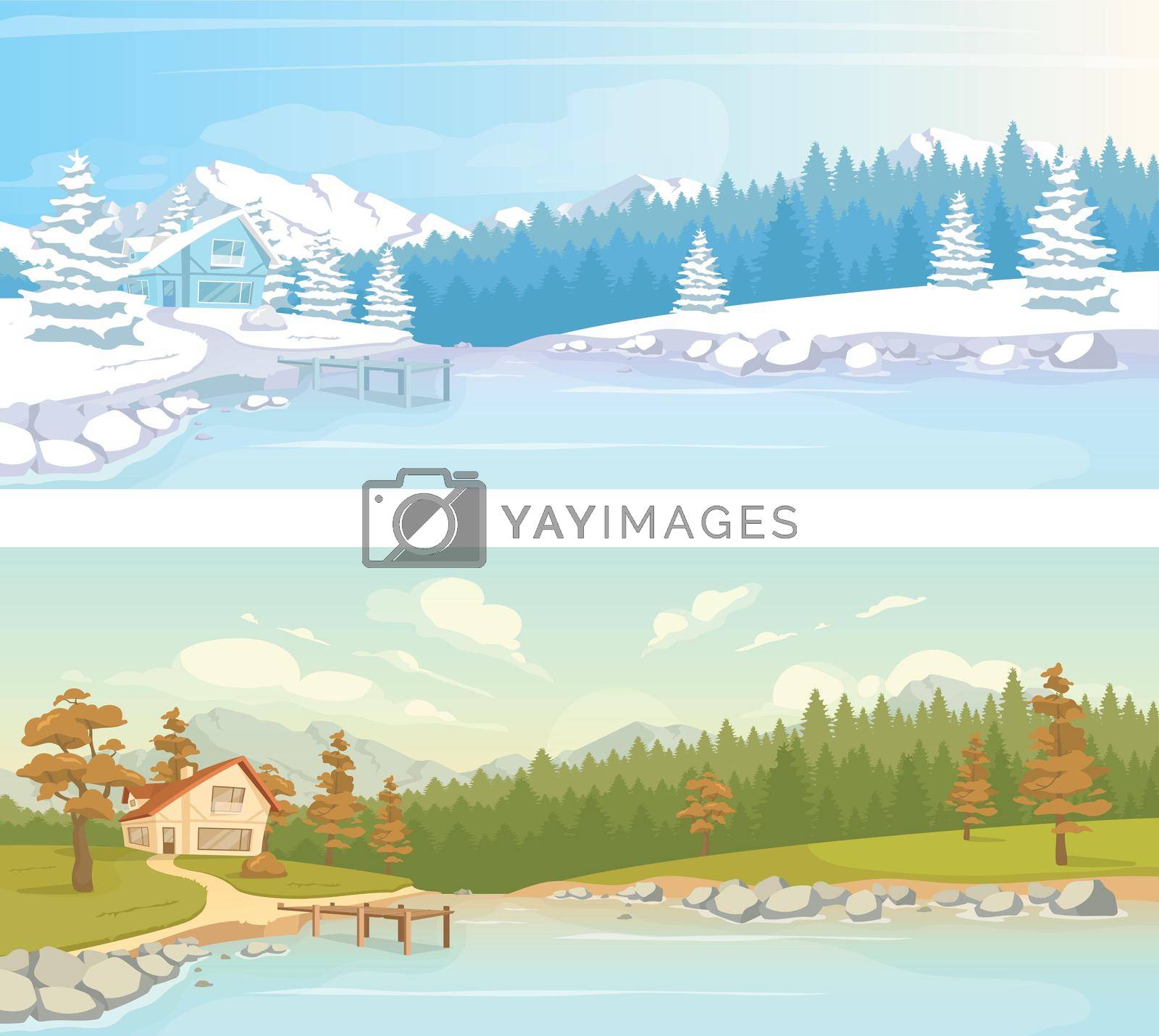 Seasonal countryside scenery flat color vector illustration set. Autumn scenery near lake. Cottage in wInter forest. Country climate 2D cartoon landscape with nature on background collection