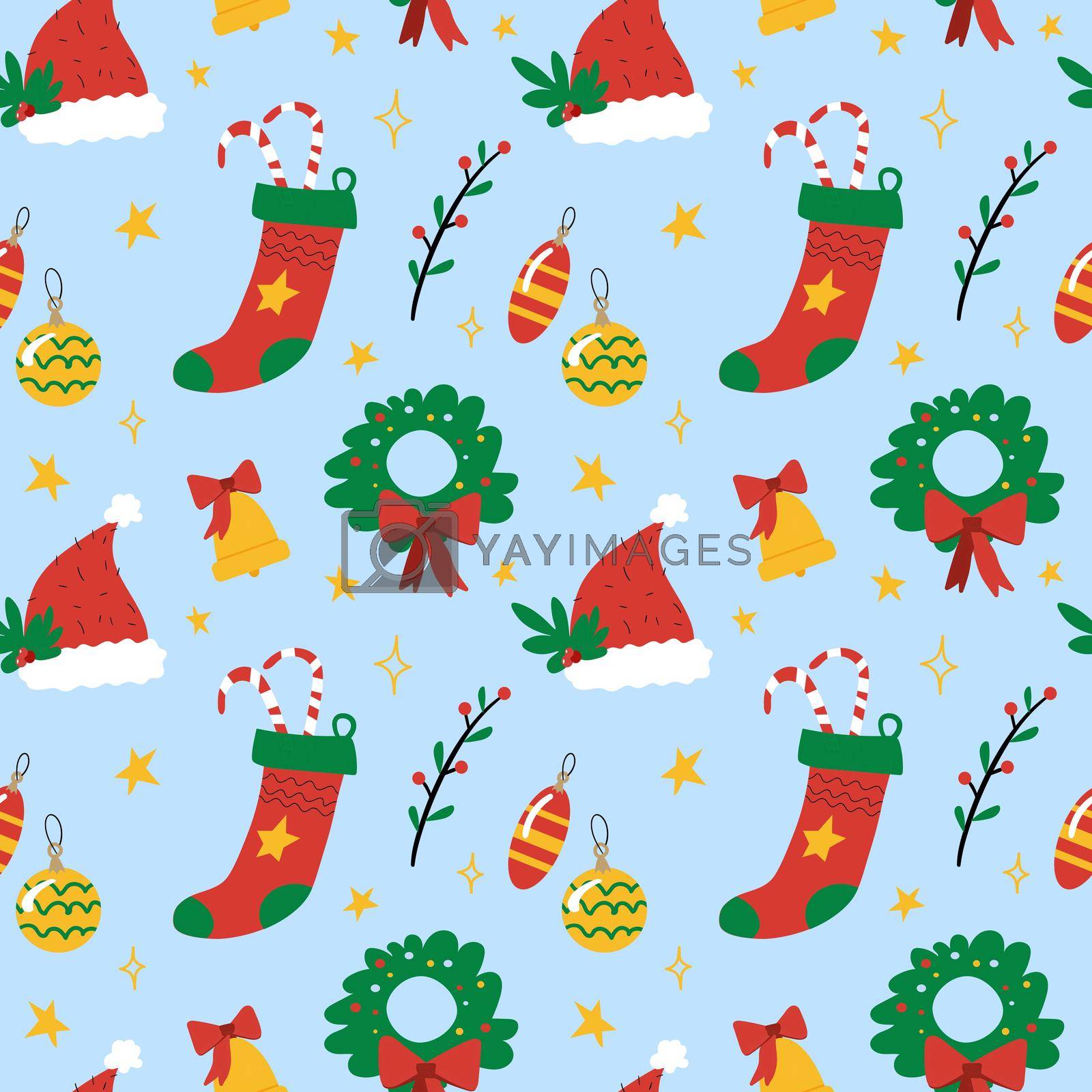 Merry Christmas and Happy New Year 2017. Christmas season hand drawn seamless pattern. Vector illustration. Doodle style. Decorations. Winter holiday backgrounds for design. Deer, snowflakes