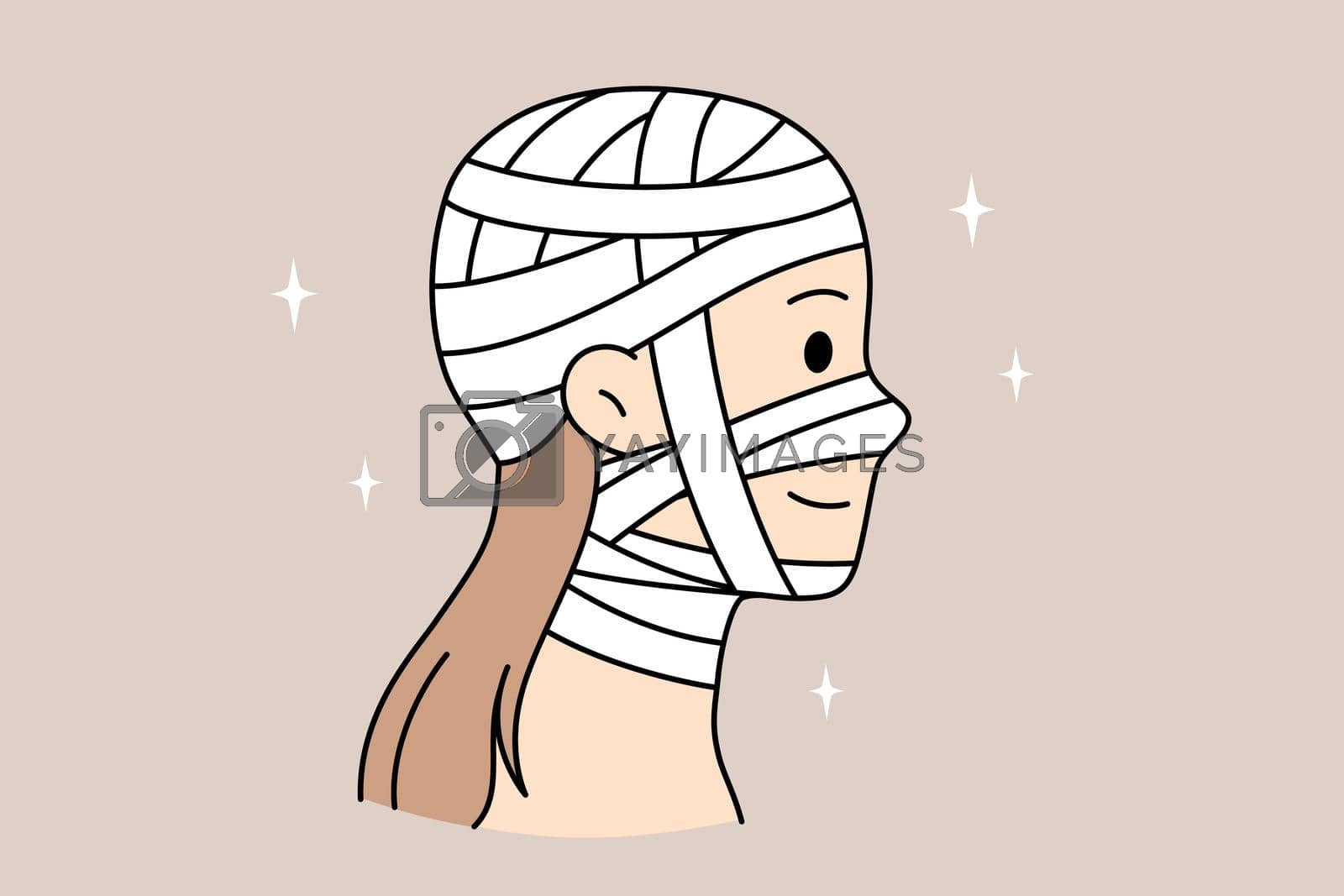 Head injury and healthcare concept. Head of young smiling woman cartoon character side view injured wrapped in bandages vector illustration