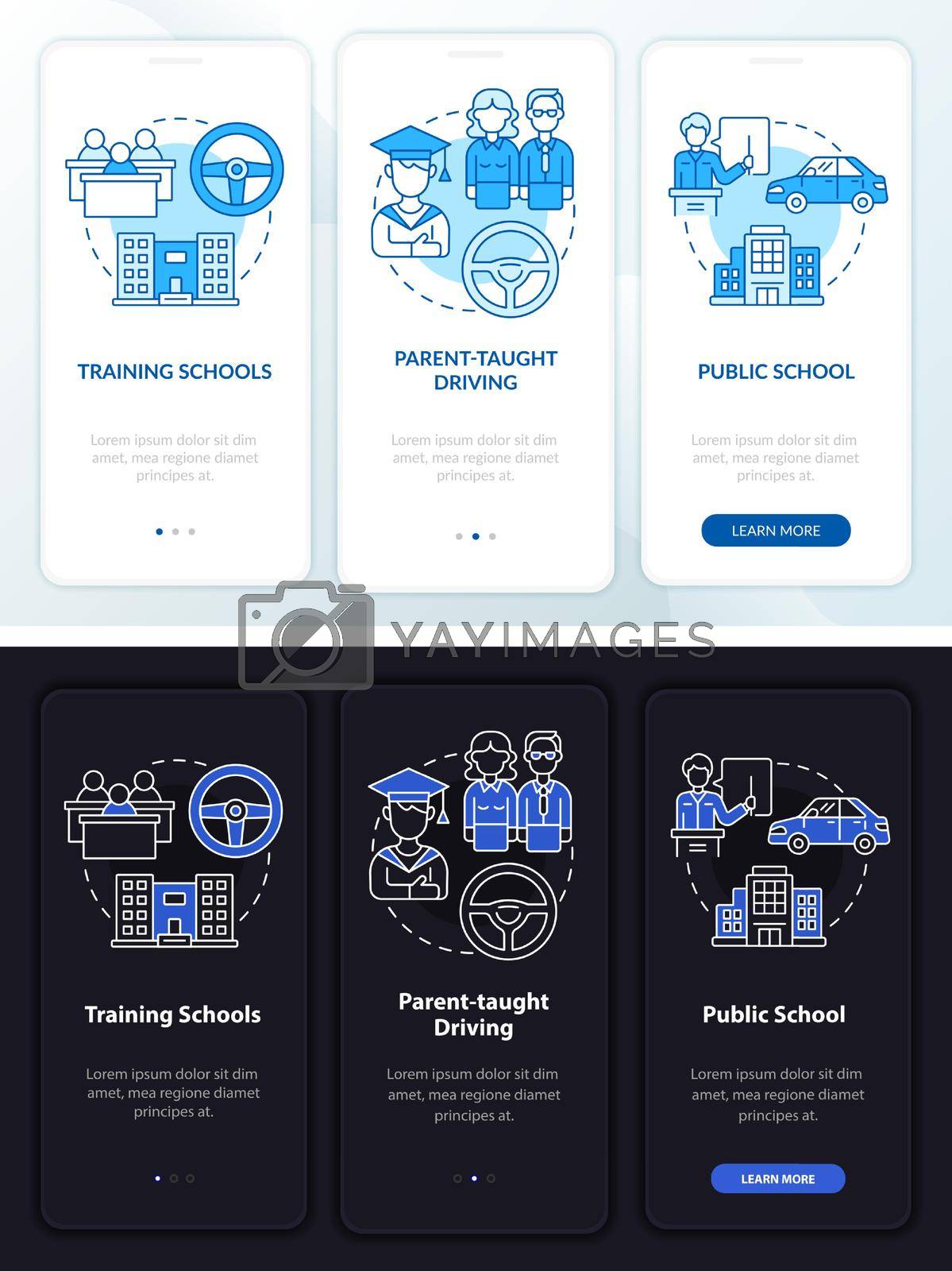 Teens driver education dark, light onboarding mobile app page screen. Walkthrough 3 steps graphic instructions with concepts. UI, UX, GUI vector template with linear night and day mode illustrations