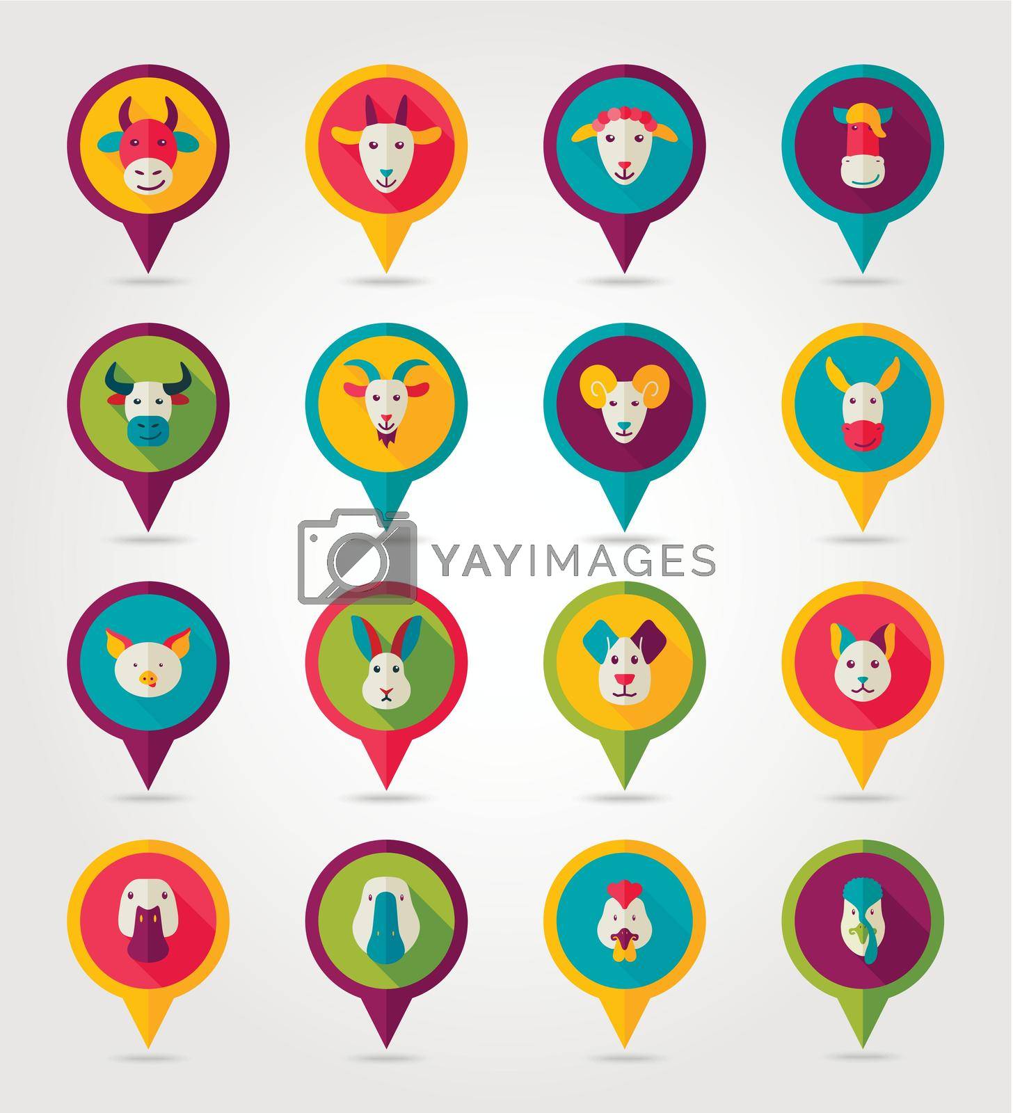 Farm animals mapping pins icons with long shadow, eps 10