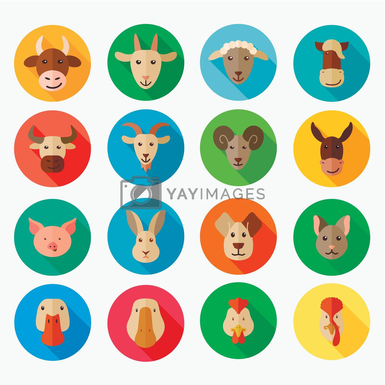 Farm animals flat icons with long shadow, eps 10