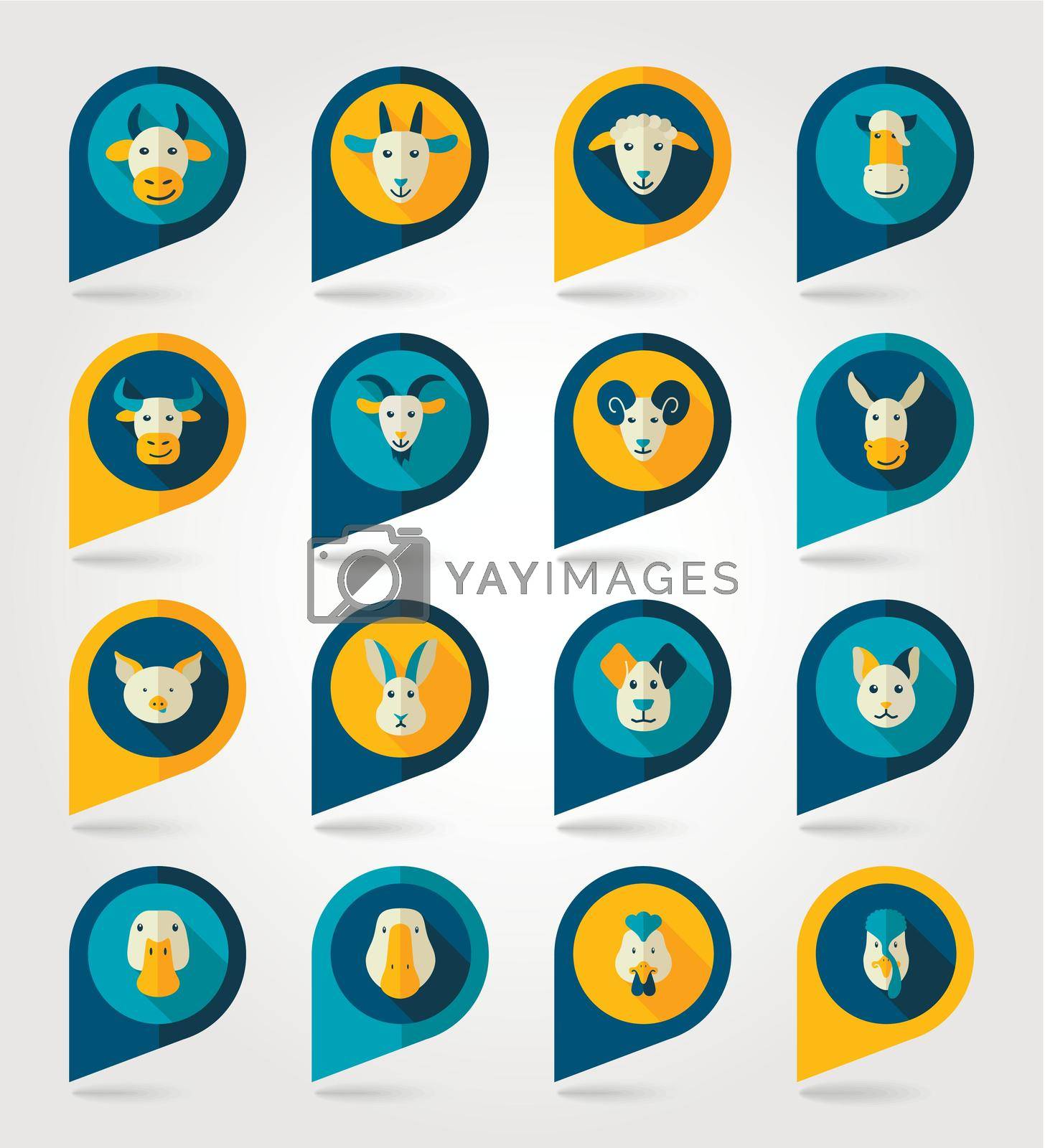 Farm animals mapping pins icons with long shadow, eps 10