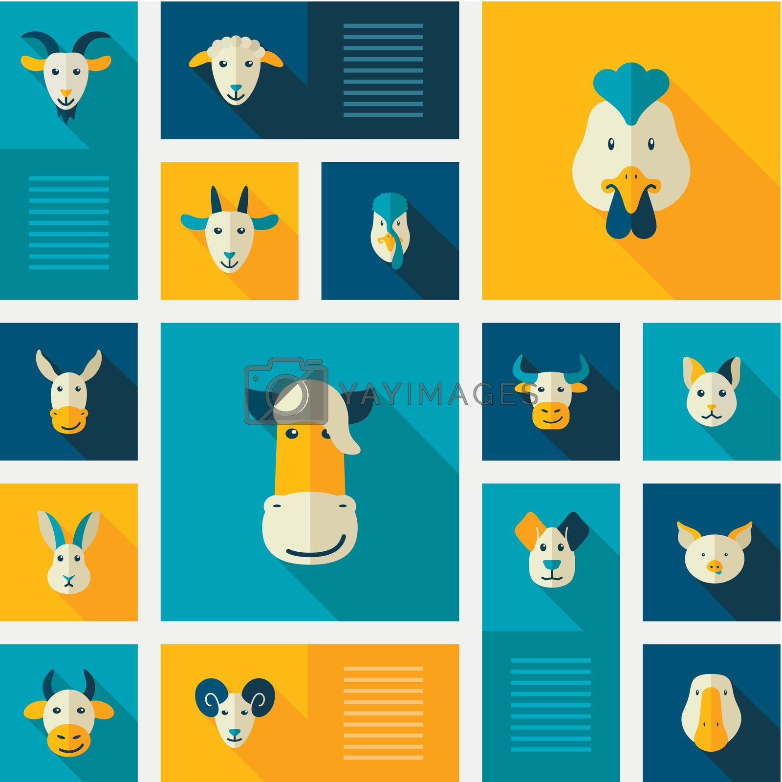 Abstract vector collection of colorful flat farm animals icons with long shadow. Design elements for mobile and web applications.eps 10