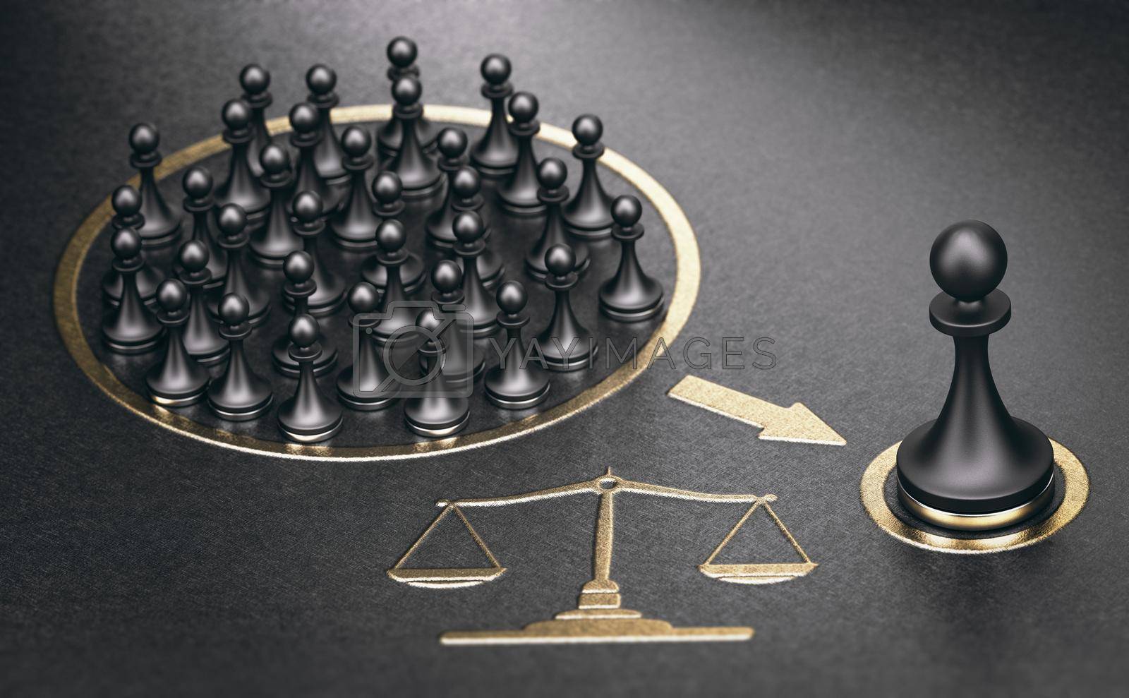 3d illustration of many pawns over golden and black background representing a class action or a collective redress concept. 