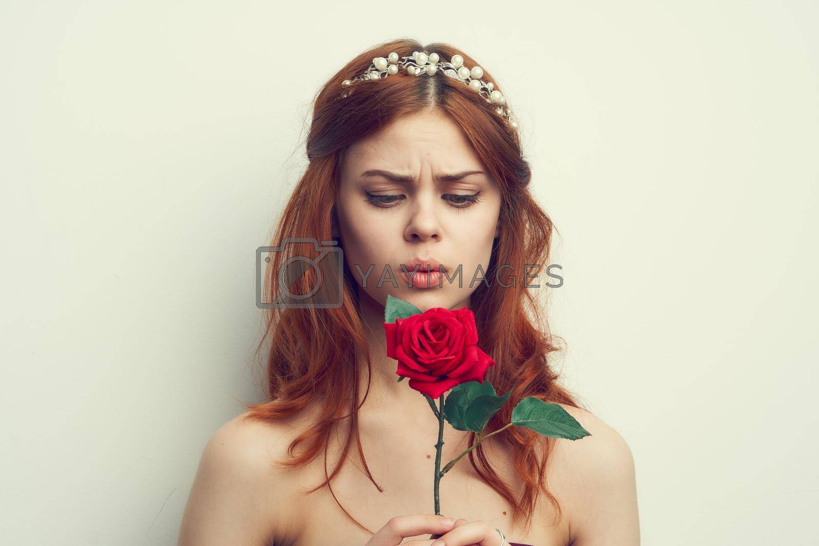 attractive woman with rose flower makeup romance model. High quality photo