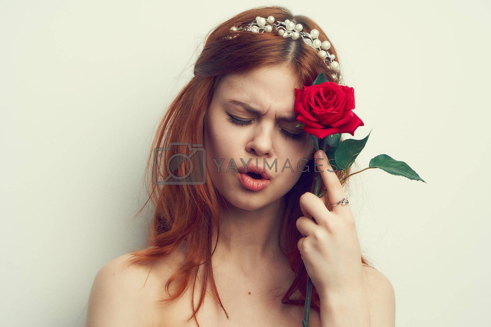 attractive woman with rose flower makeup romance model. High quality photo
